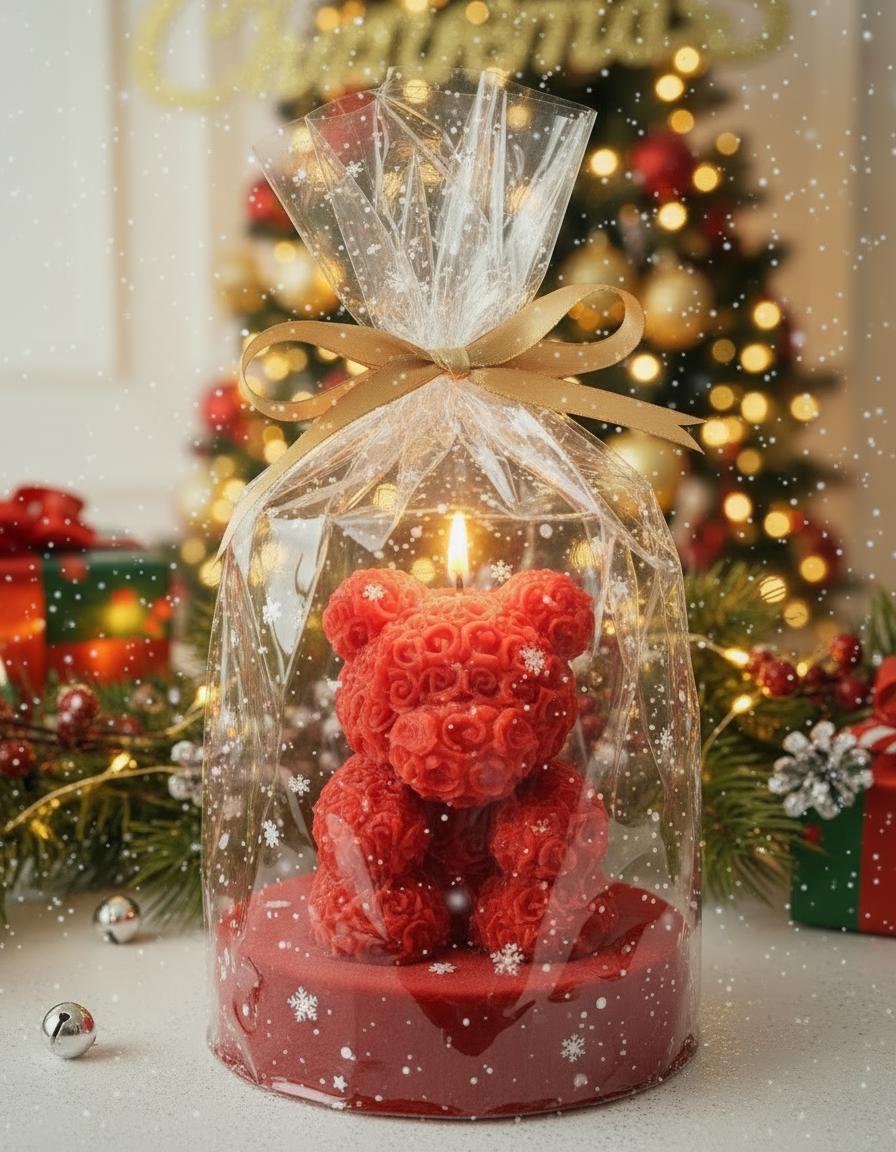 Red Teddy Bear Soy Candle Orchid & Sea Salt Scented Decor