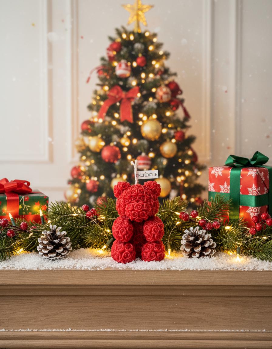 Red Teddy Bear Soy Candle Orchid & Sea Salt Scented Decor