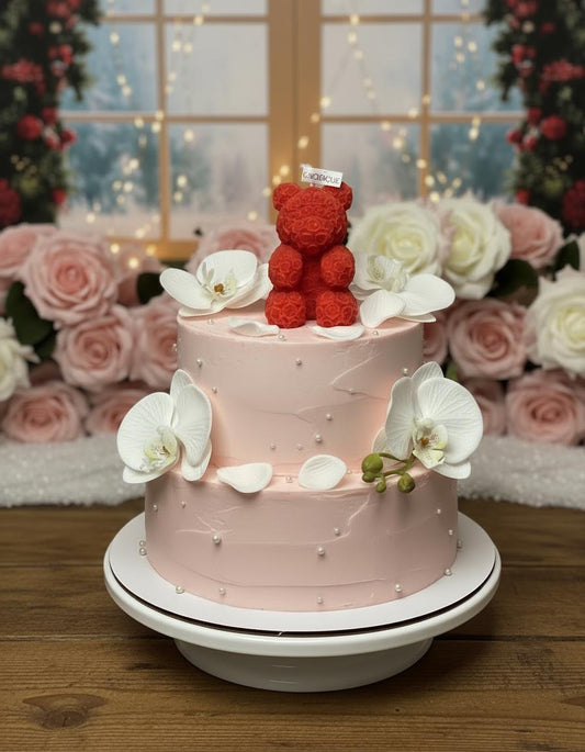 Red teddy bear soy candle with orchid and sea salt scent