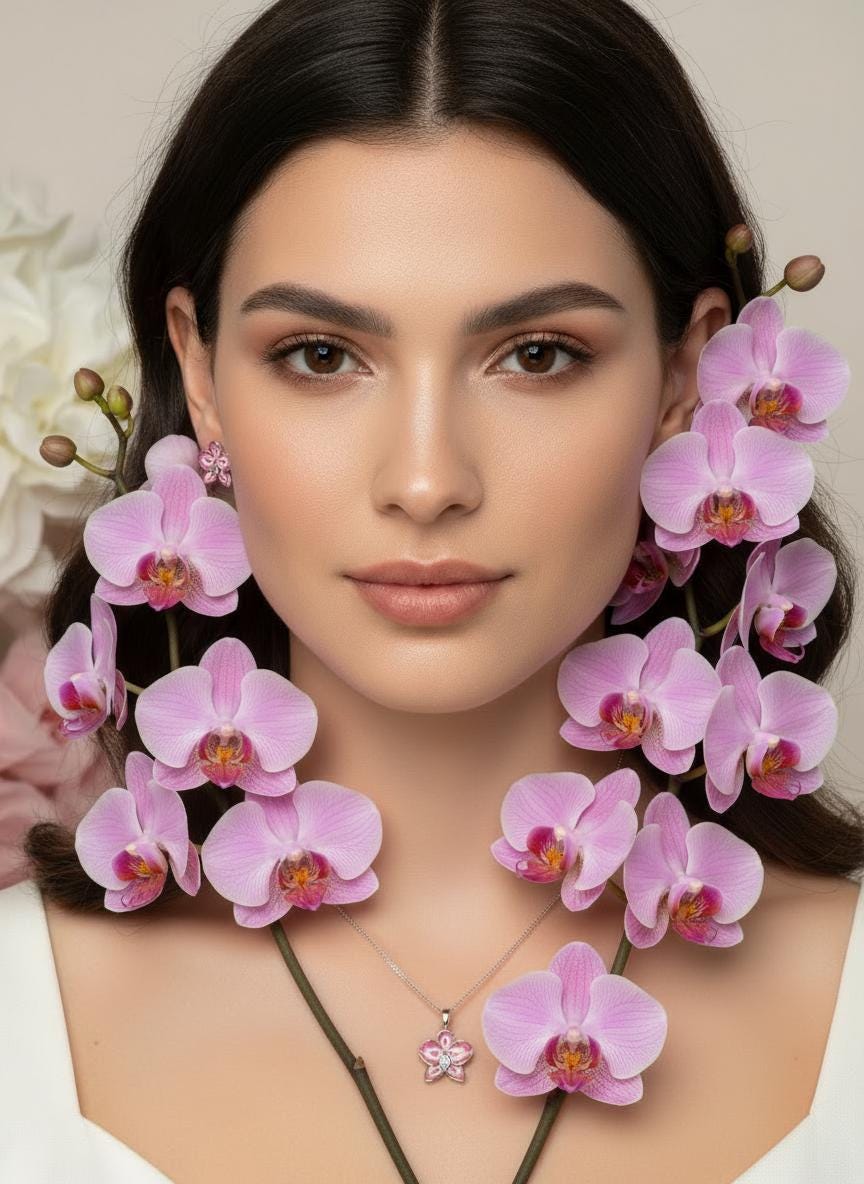 Color Burst Phal Collection: Pink Splash Oval Phalaenopsis Orchid Jewelry Set