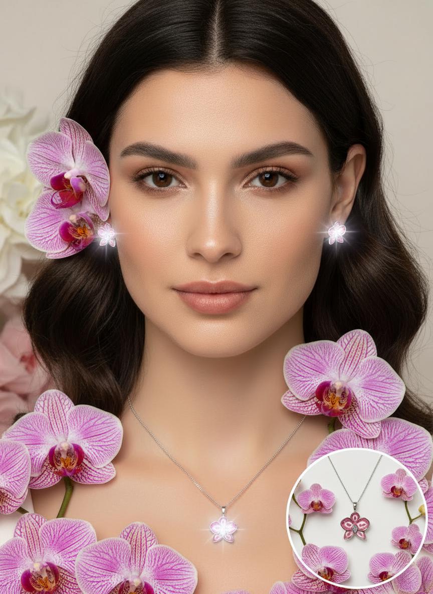 Color Burst Phal Collection: Pink Splash Oval Phalaenopsis Orchid Jewelry Set