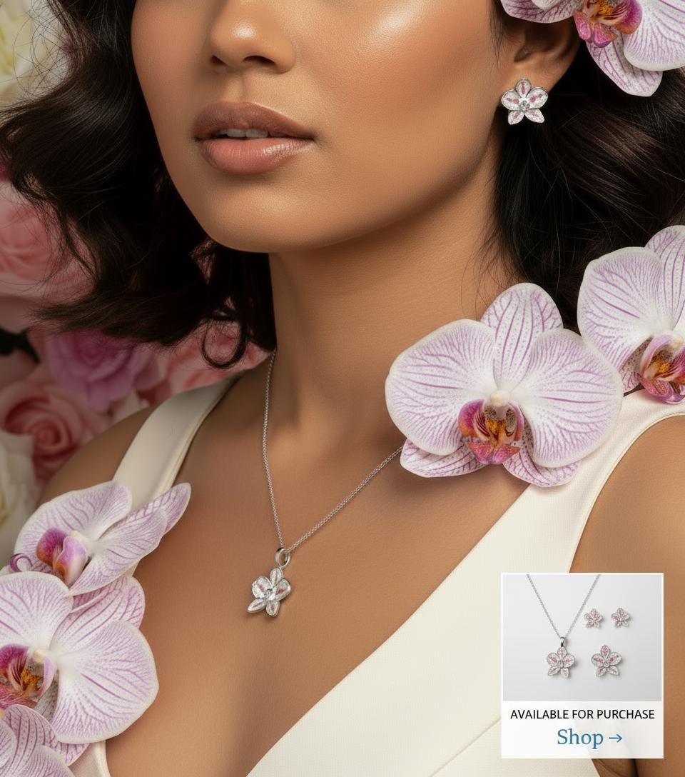 Color Burst Phal Collection: White and Pink Splash Oval Phalaenopsis Orchid Jewelry Set