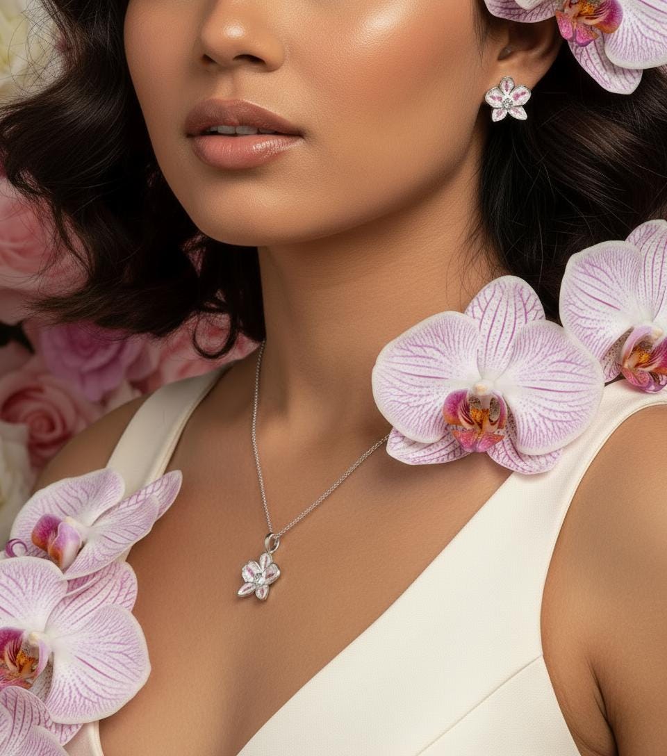 Color Burst Phal Collection: White and Pink Splash Oval Phalaenopsis Orchid Jewelry Set
