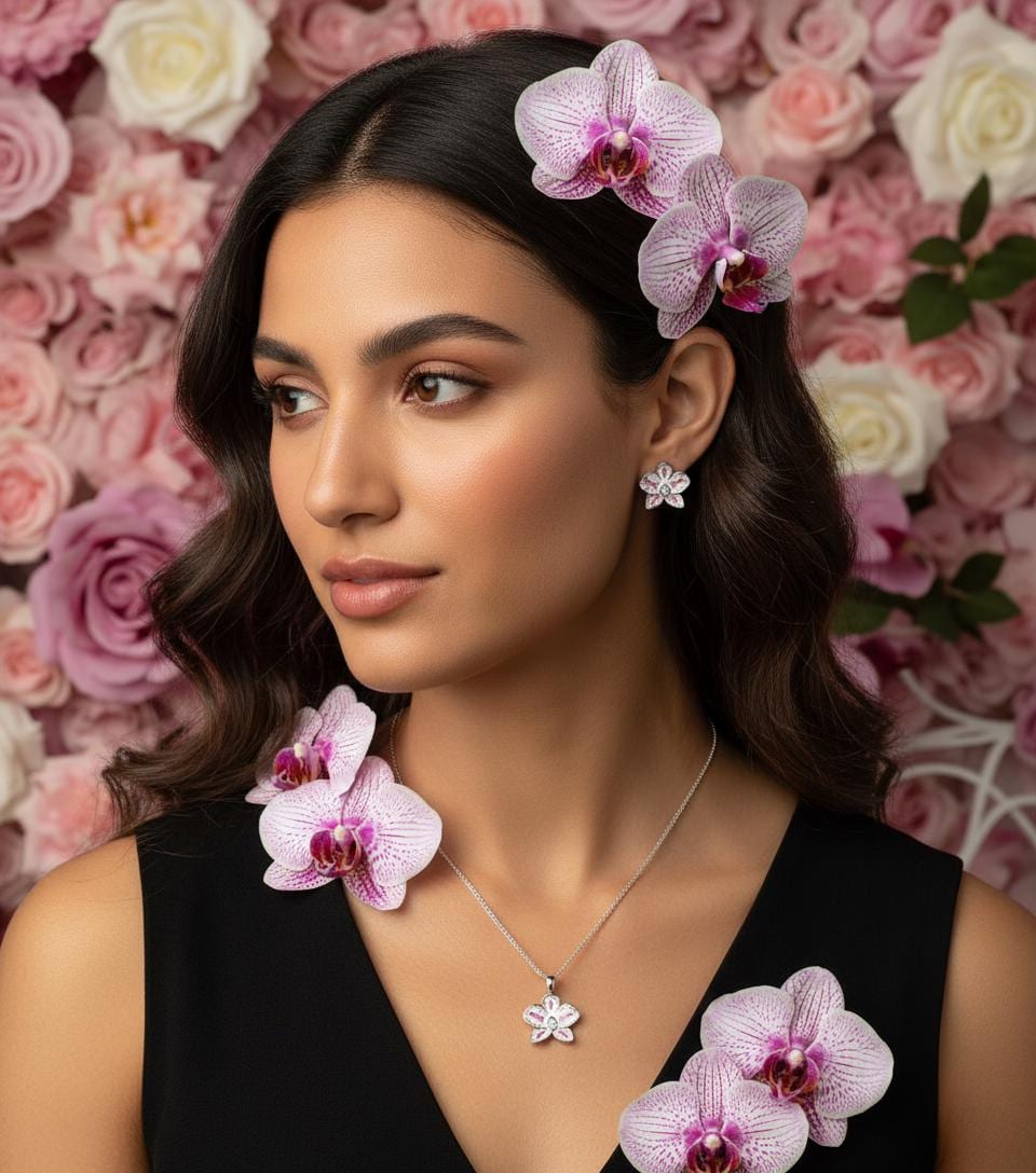 Color Burst Phal Collection: White and Pink Splash Oval Phalaenopsis Orchid Jewelry Set