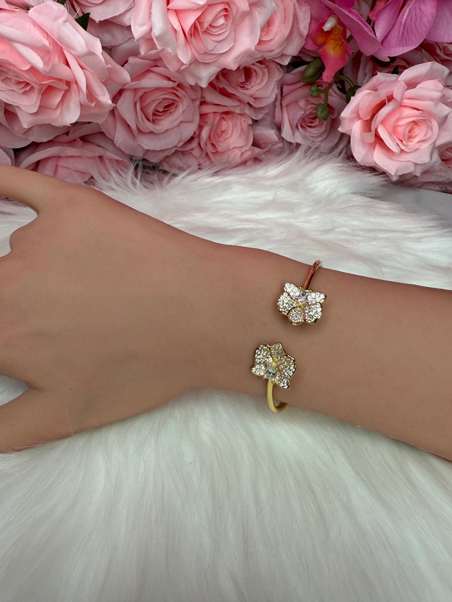 14K Gold Plated Dendrobium Orchid Bangle, Sterling Silver 925 Bracelet, Clear Zircon Flower Jewelry, Adjustable Gold Bangle