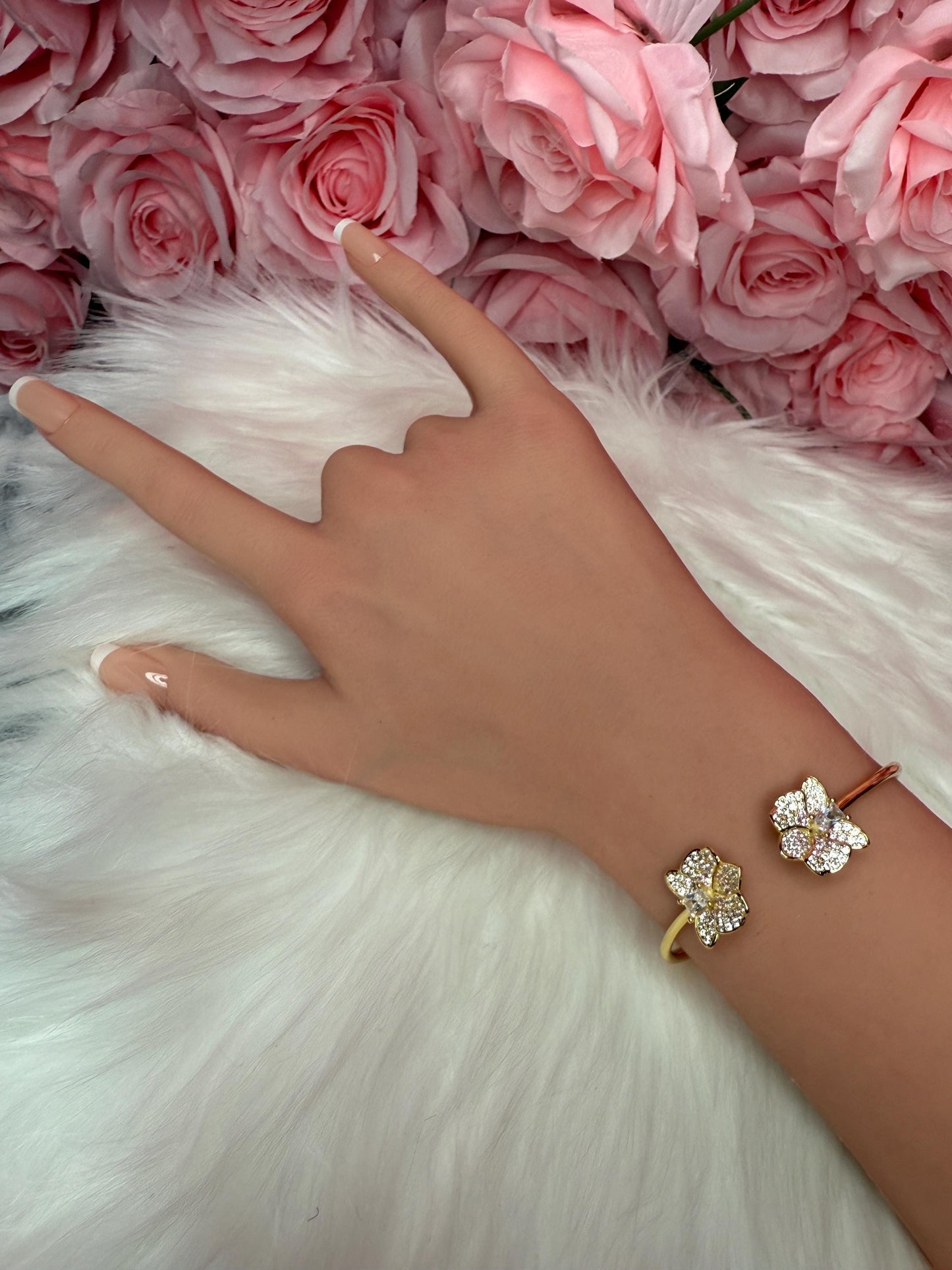 14K Gold Plated Dendrobium Orchid Bangle, Sterling Silver 925 Bracelet, Clear Zircon Flower Jewelry, Adjustable Gold Bangle