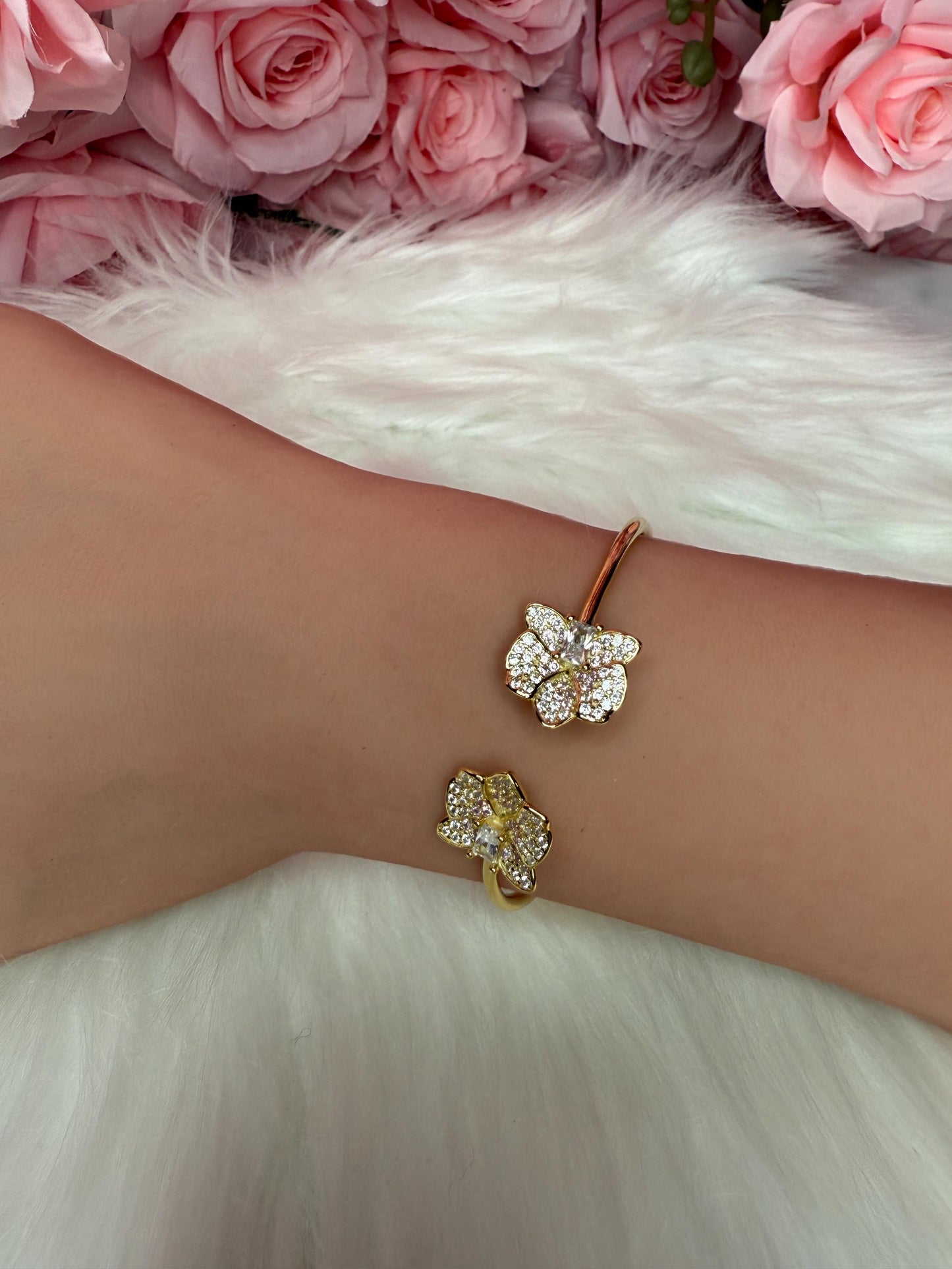 14K Gold Plated Dendrobium Orchid Bangle, Sterling Silver 925 Bracelet, Clear Zircon Flower Jewelry, Adjustable Gold Bangle