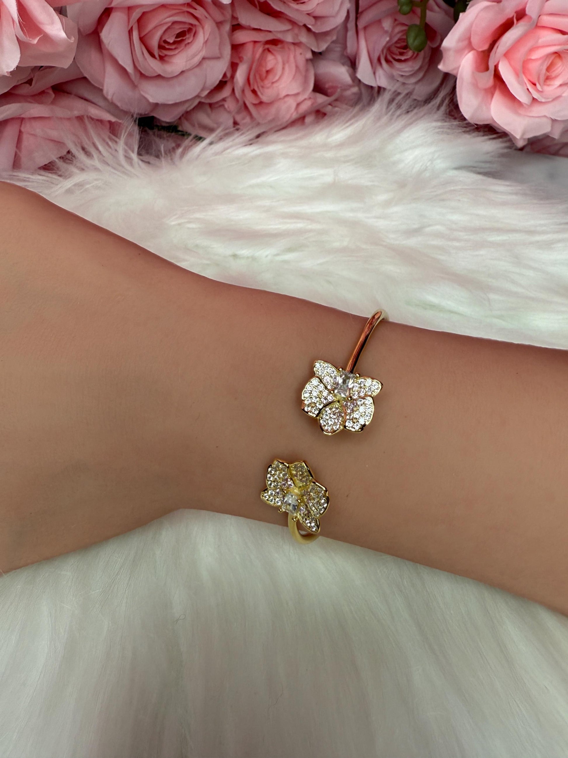 14K Gold Plated Dendrobium Orchid Bangle, Sterling Silver 925 Bracelet, Clear Zircon Flower Jewelry, Adjustable Gold Bangle