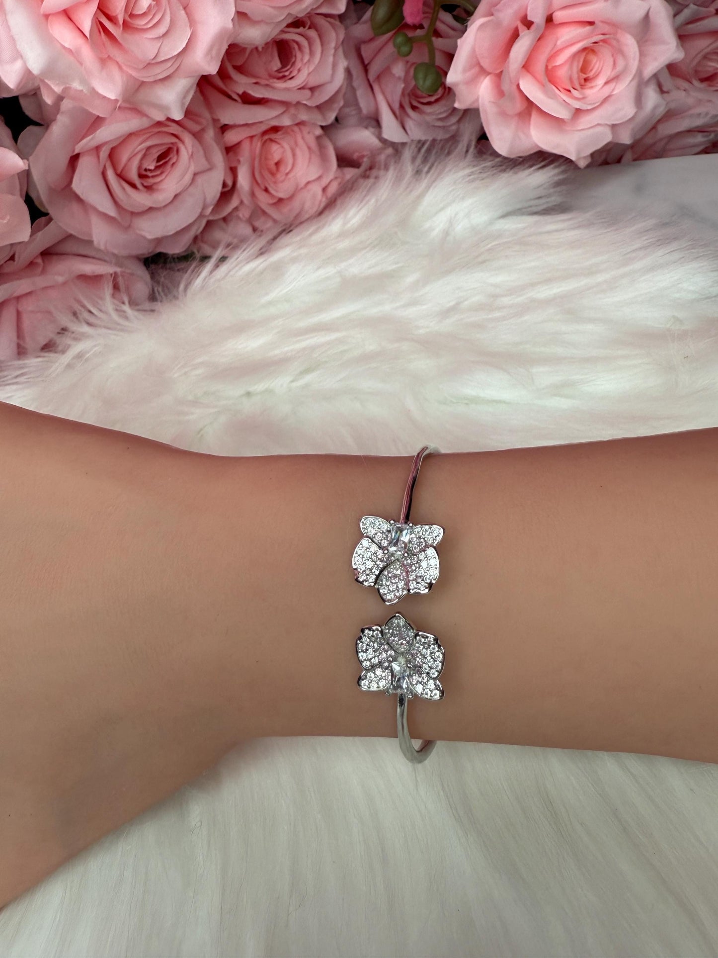 14K White Gold Plated Dendrobium Orchid Bangle, Sterling Silver 925 Bracelet, Clear Zircon Flower Jewelry, Adjustable White Gold Bangle