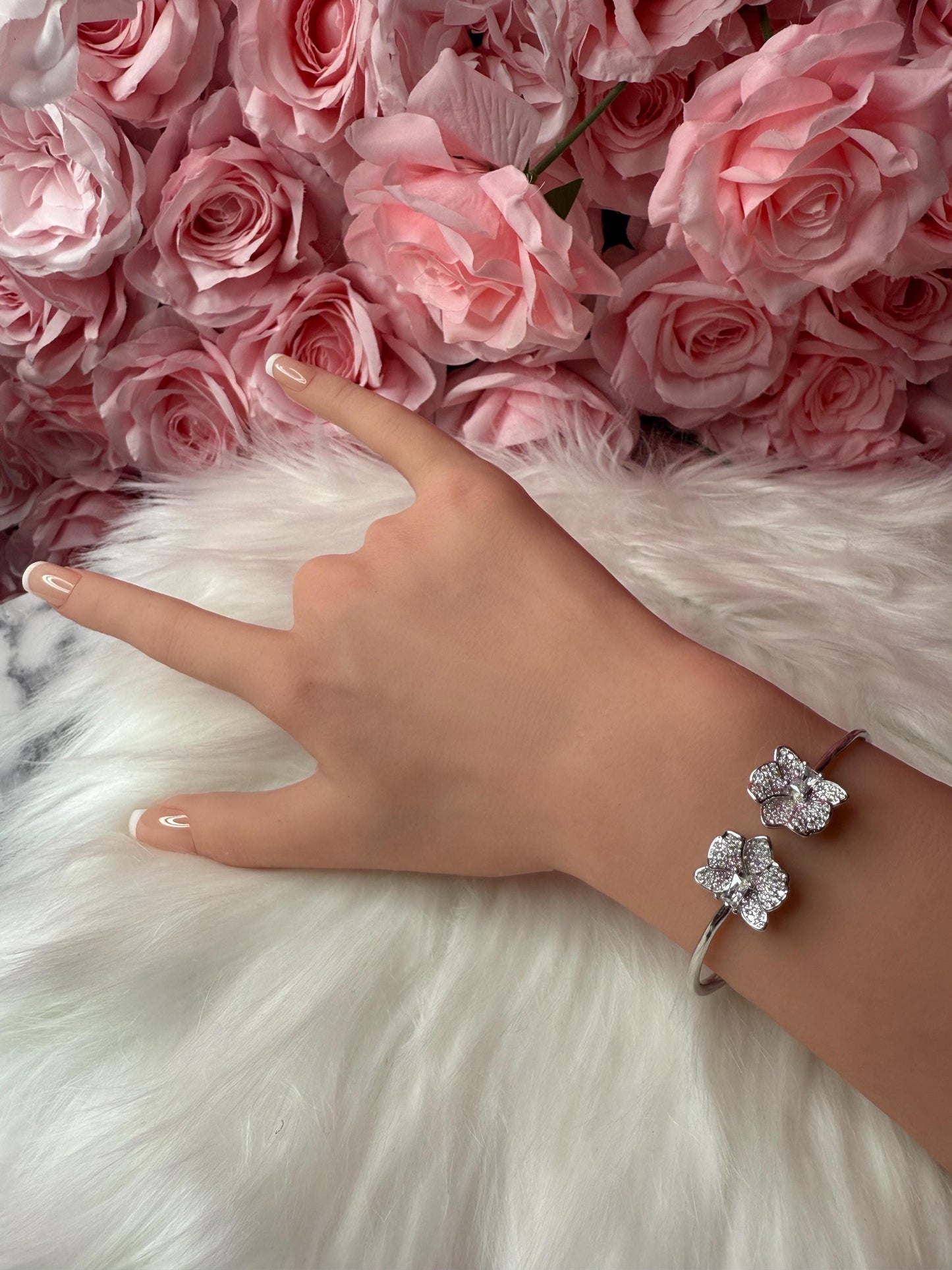 14K White Gold Plated Dendrobium Orchid Bangle, Sterling Silver 925 Bracelet, Clear Zircon Flower Jewelry, Adjustable White Gold Bangle