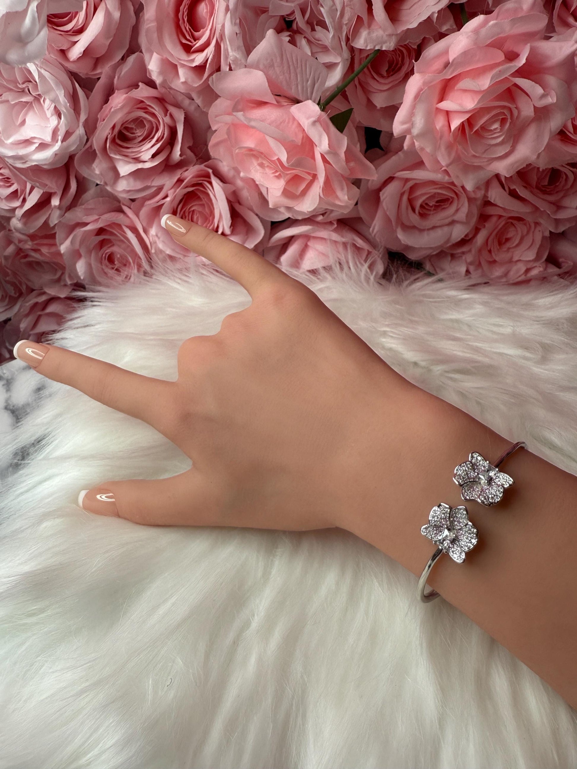 14K White Gold Plated Dendrobium Orchid Bangle, Sterling Silver 925 Bracelet, Clear Zircon Flower Jewelry, Adjustable White Gold Bangle