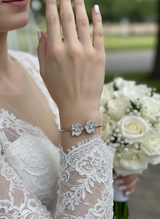 14K White Gold Plated Dendrobium Orchid Bangle, Sterling Silver 925 Bracelet, Clear Zircon Flower Jewelry, Adjustable White Gold Bangle