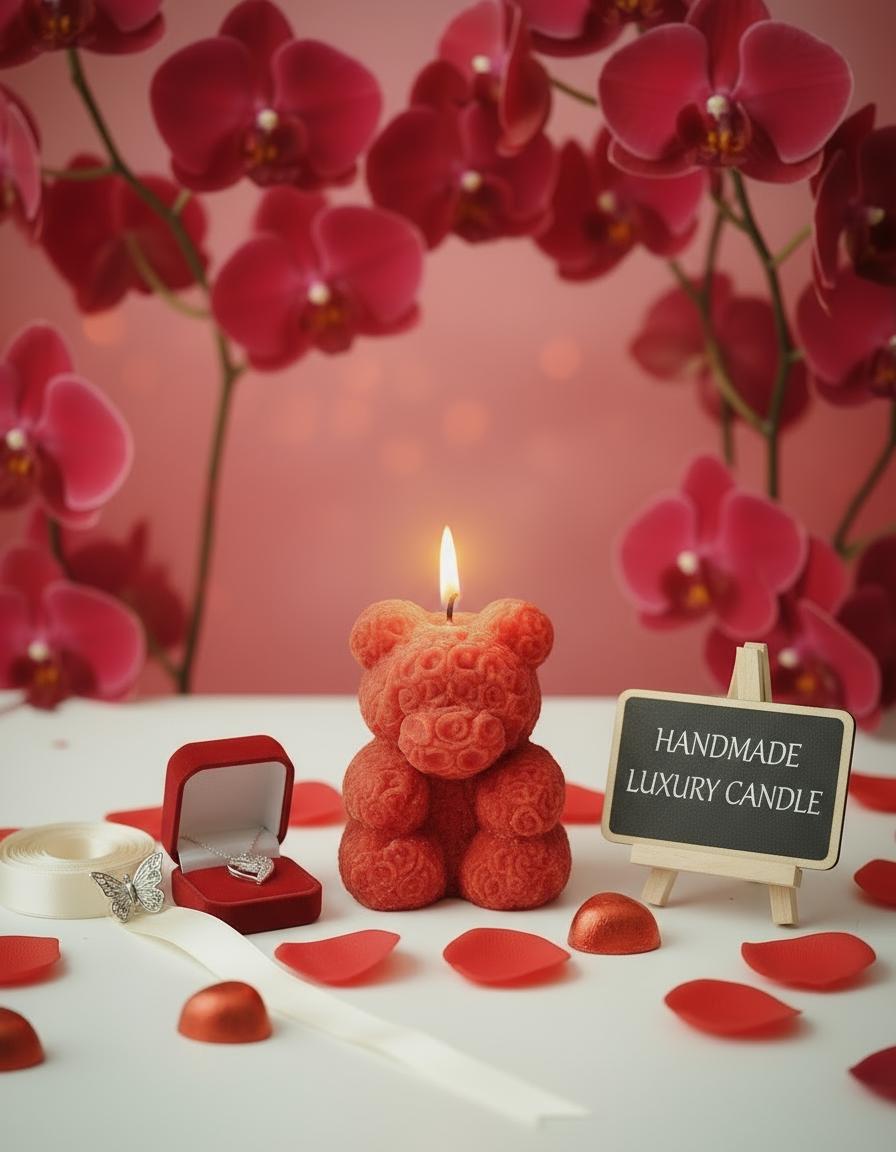 Red Teddy Bear Soy Candle Orchid & Sea Salt Scented Decor