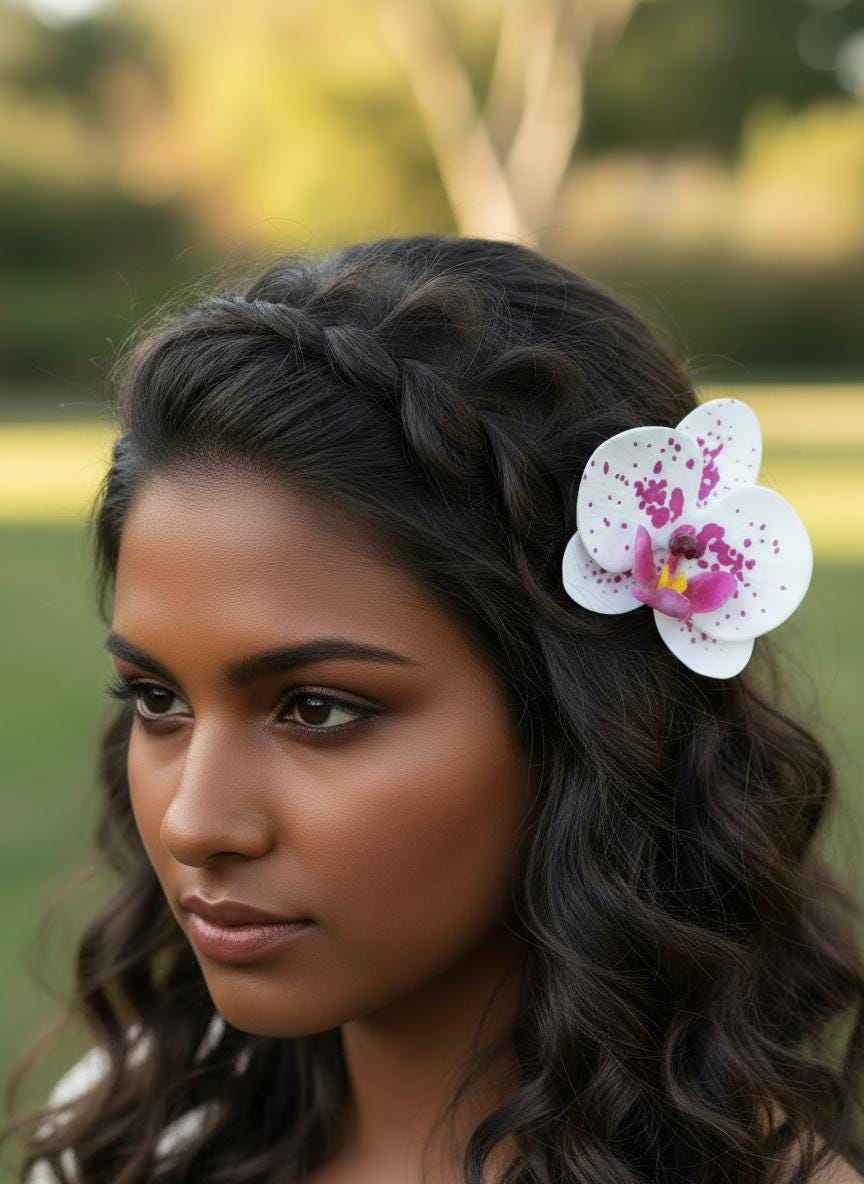 Phalaenopsis Spotted White Orchid Flower Hair Clip • Handmade Orchid Hair Clip • Realistic Flower for Hair or Gift • Orchid Flower Barrette