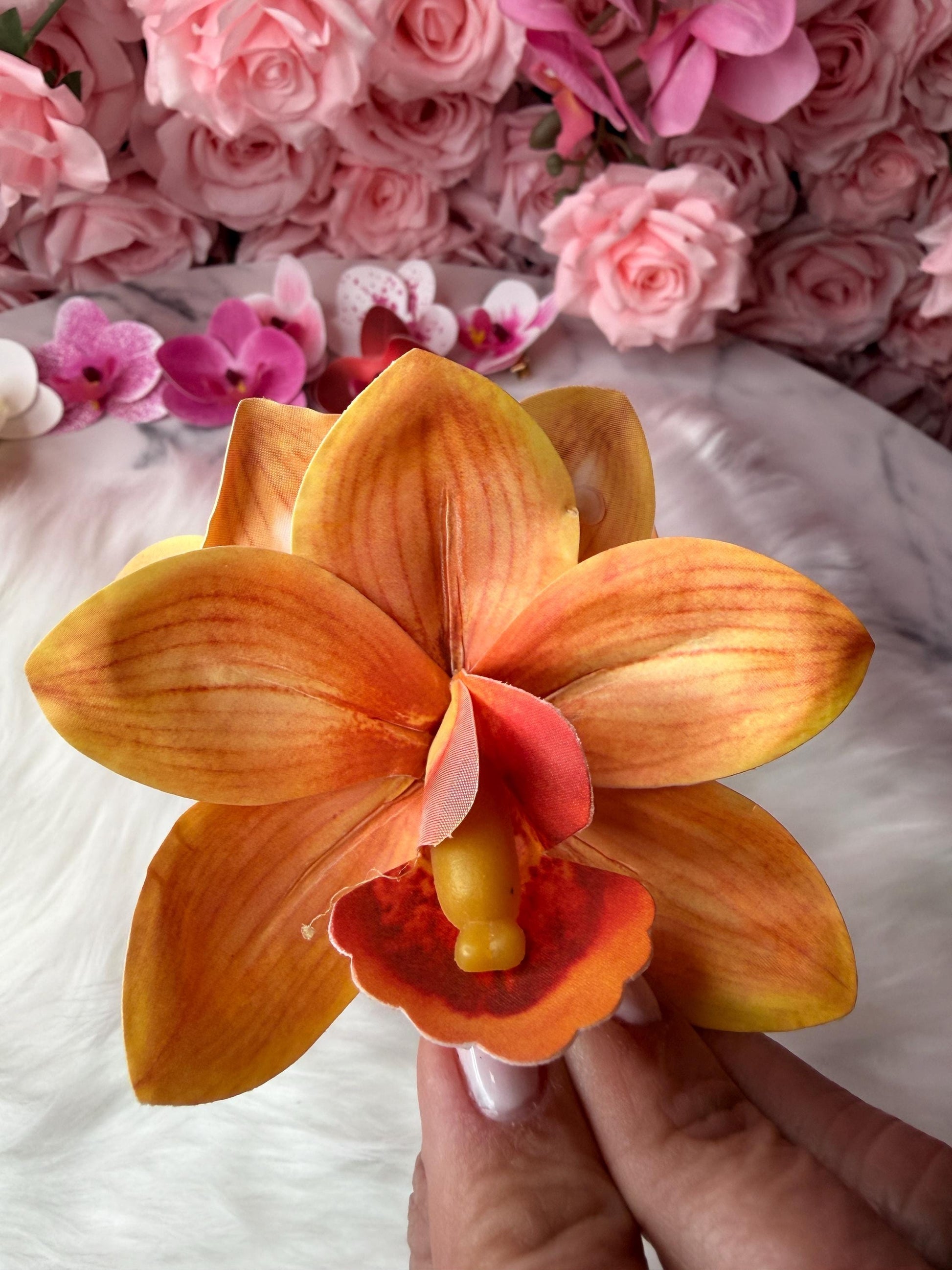 Orange Orchid Hair Clip • Realistic Tropical Flower • Handmade Hair Accessory • Cymbidium Orchid Flower
