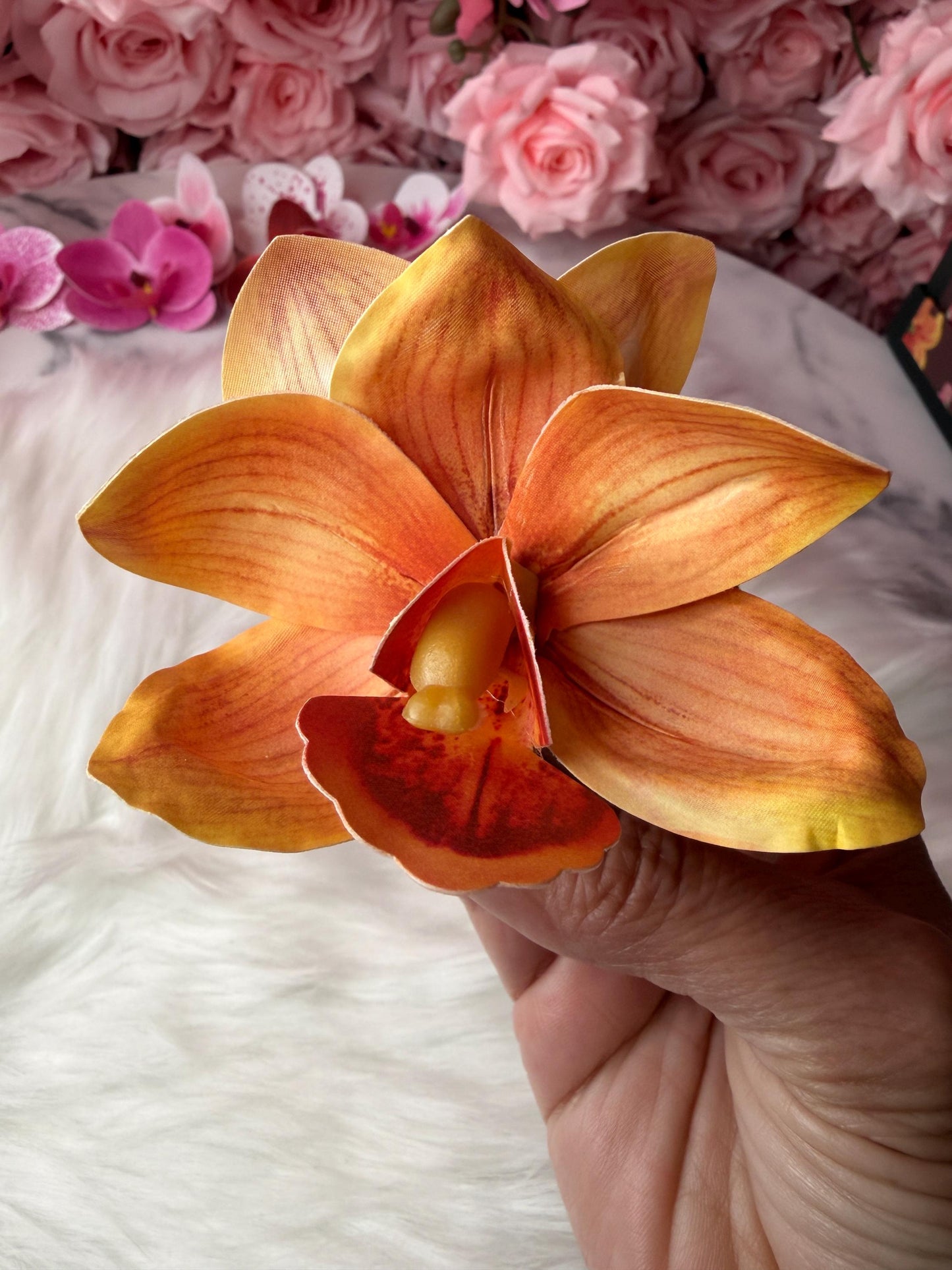 Orange Orchid Hair Clip • Realistic Tropical Flower • Handmade Hair Accessory • Cymbidium Orchid Flower