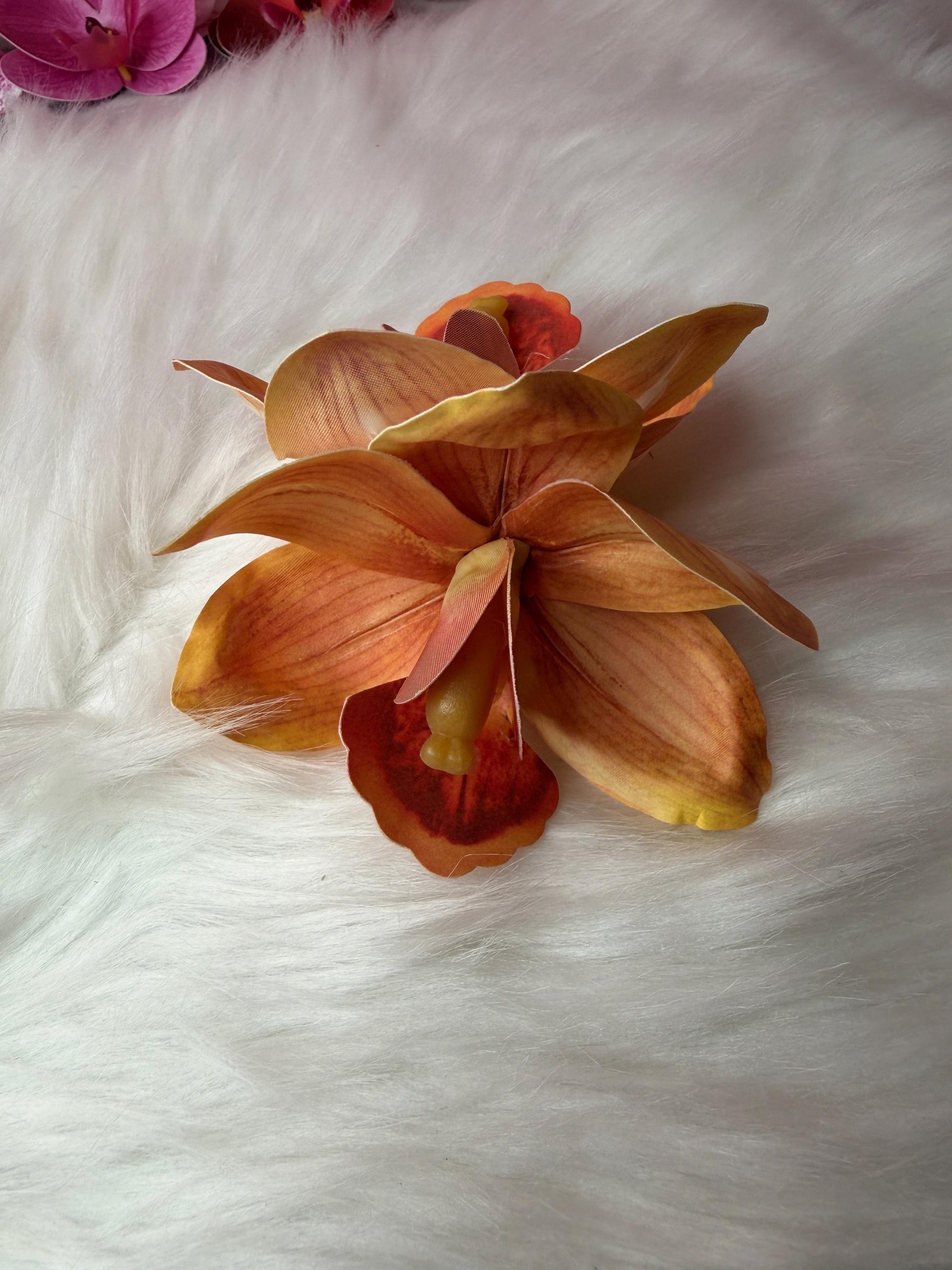 Orange Orchid Hair Clip • Realistic Tropical Flower • Handmade Hair Accessory • Cymbidium Orchid Flower