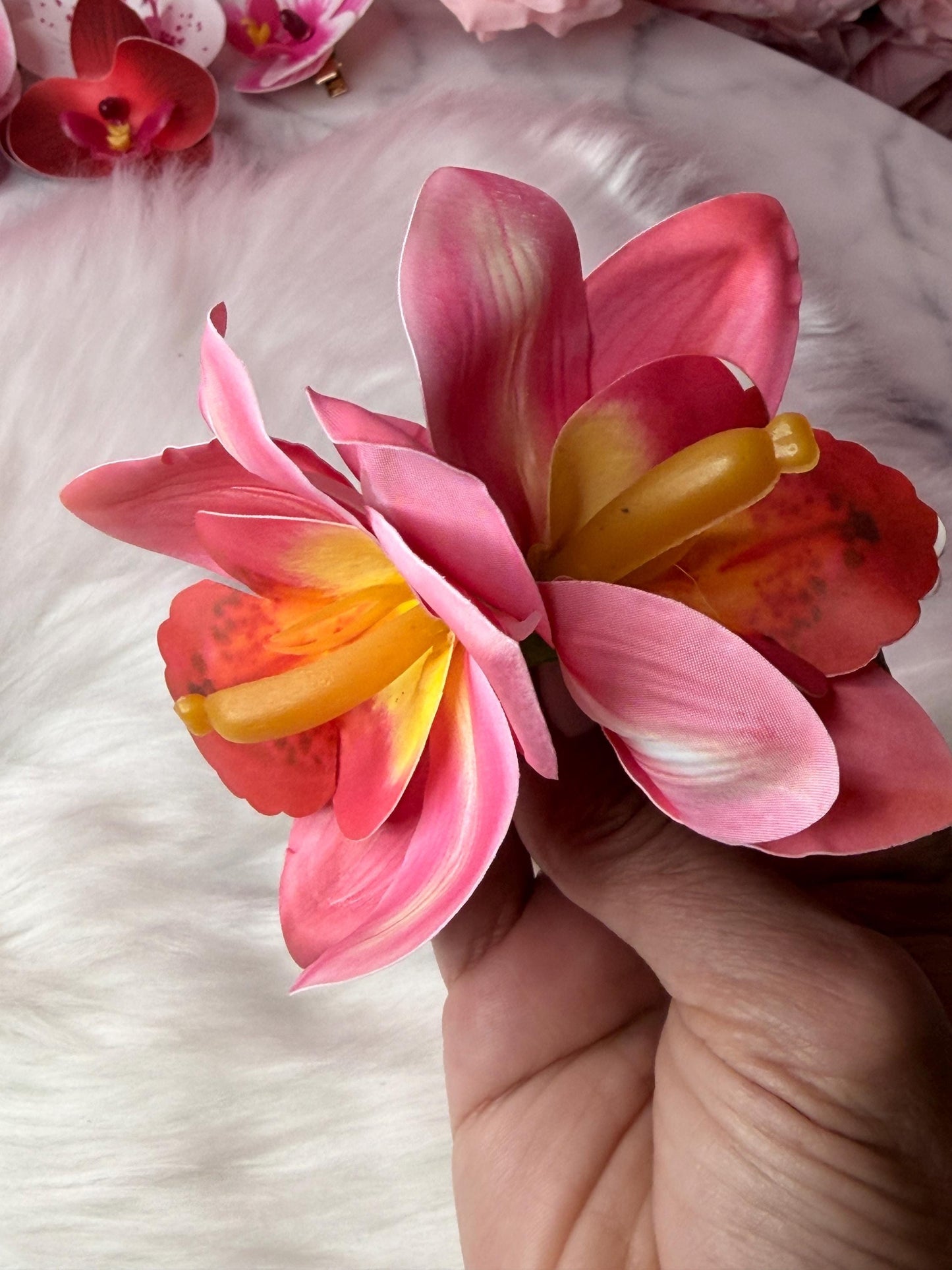 Cymbidium Orchid Flower Hair Clip • Handmade Orchid Hair Clip • Hair Flowers • Hawaiian Double Fushcia Pink Orchid Flower Barrette