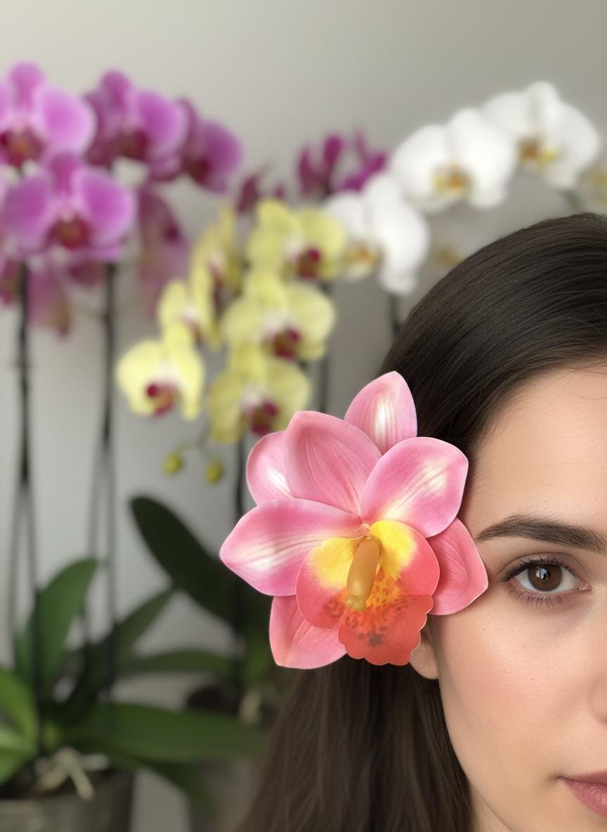 Cymbidium Orchid Flower Hair Clip • Handmade Orchid Hair Clip • Hair Flowers • Hawaiian Double Fushcia Pink Orchid Flower Barrette