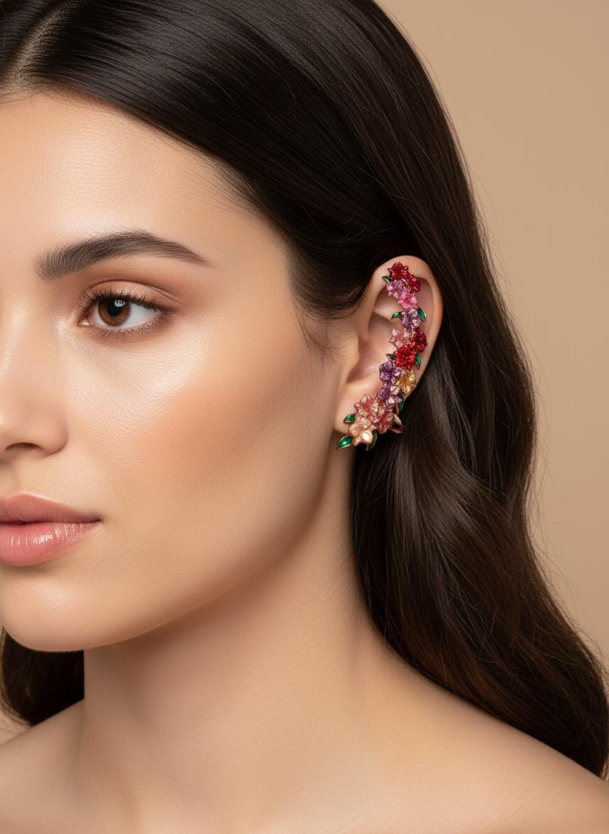 Floral Mosaic Orchid Ear Cuff Stud: Cattleya Flower Earring Wrap- Orchid Fleur Collection