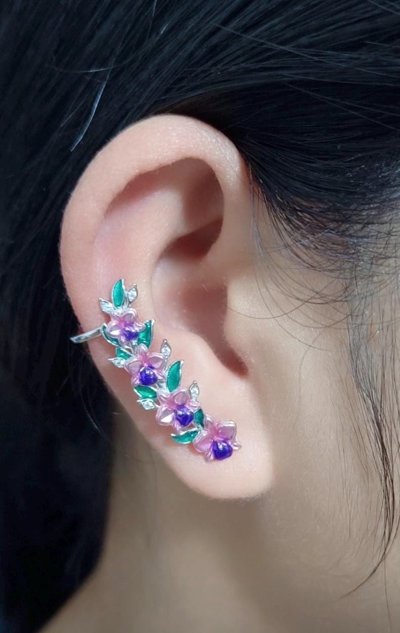 Pink and Purple Orchid Ear Cuff Stud Climber : Cattleya Flower Earring Climber- Orchid Fleur Collection