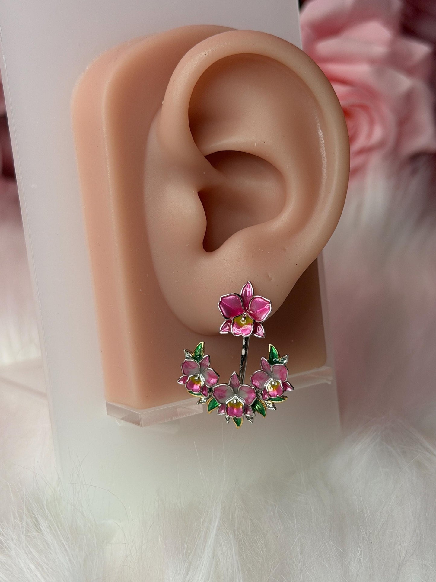 Pink Cattleya Flower Stud with Earring Jacket : Aloha Orchid Jewelry Collection