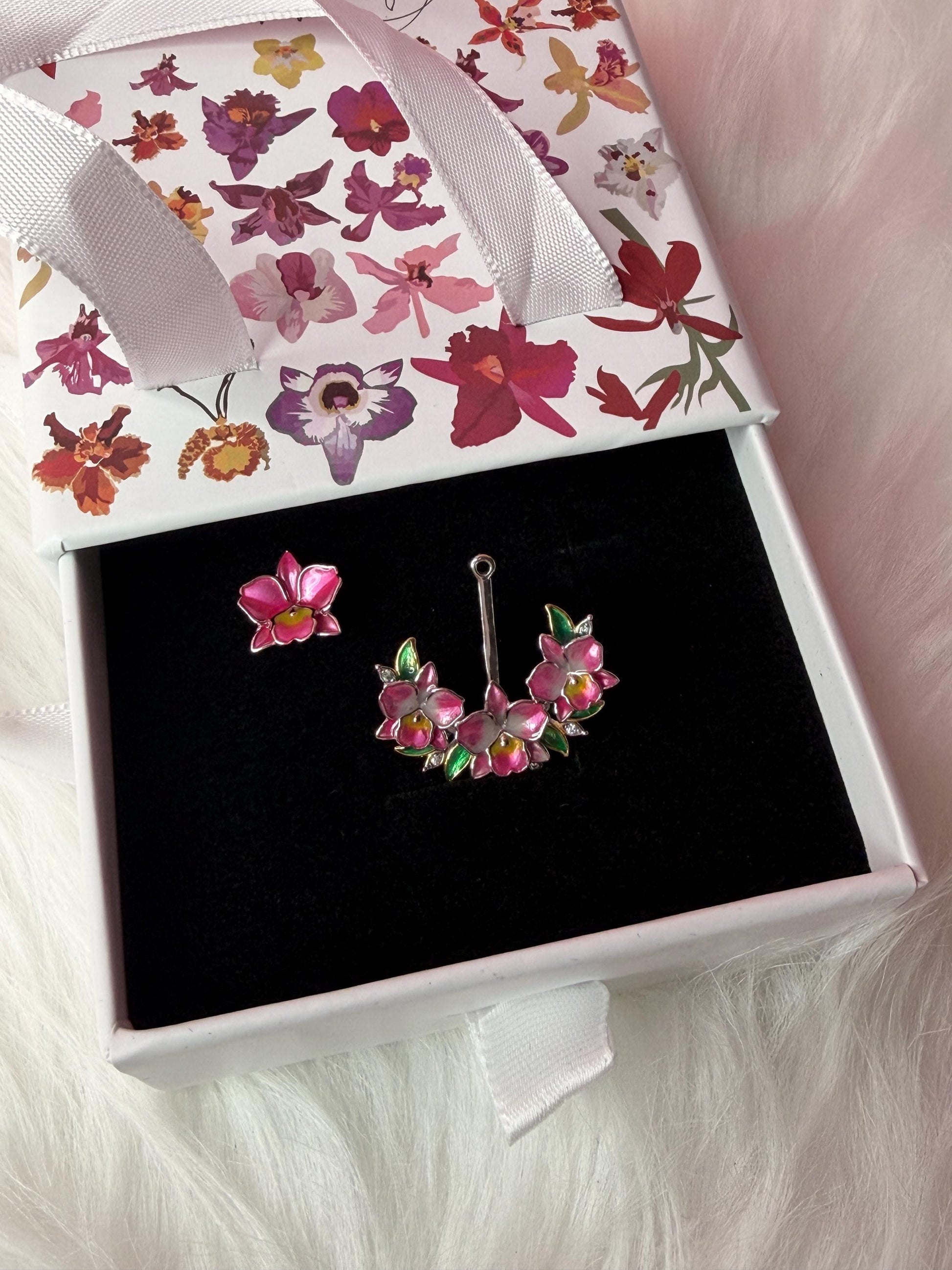 Pink Cattleya Flower Stud with Earring Jacket : Aloha Orchid Jewelry Collection