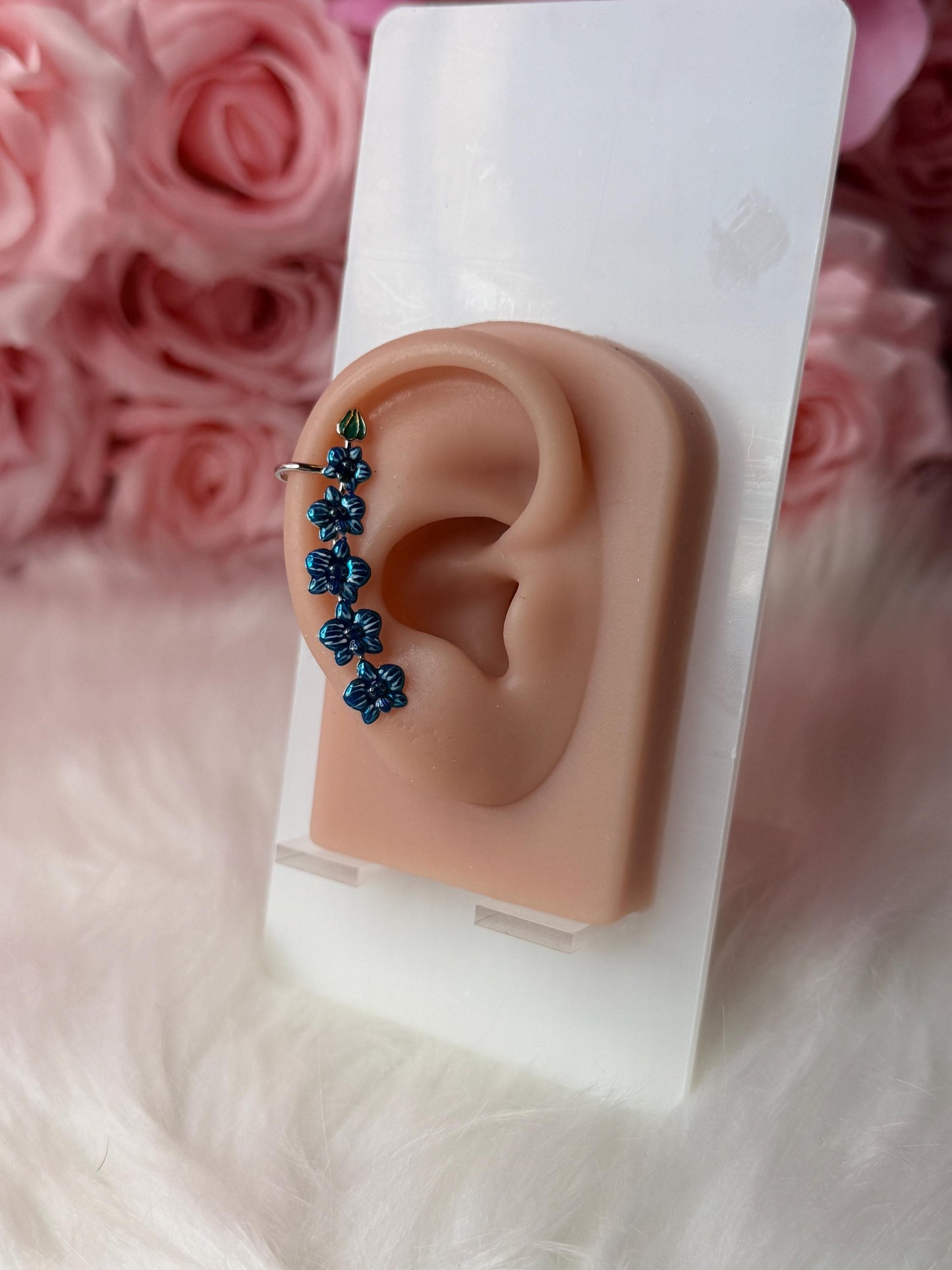 Blue Orchid Ear Cuff Stud: Phalaenopsis Flower Earring Climber- Orchid Fleur Collection