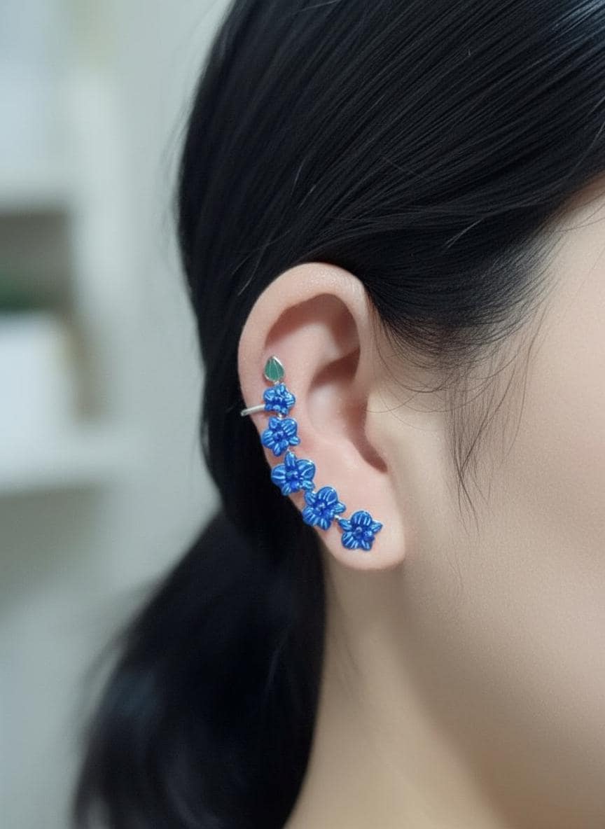 Blue Orchid Ear Cuff Stud: Phalaenopsis Flower Earring Climber- Orchid Fleur Collection