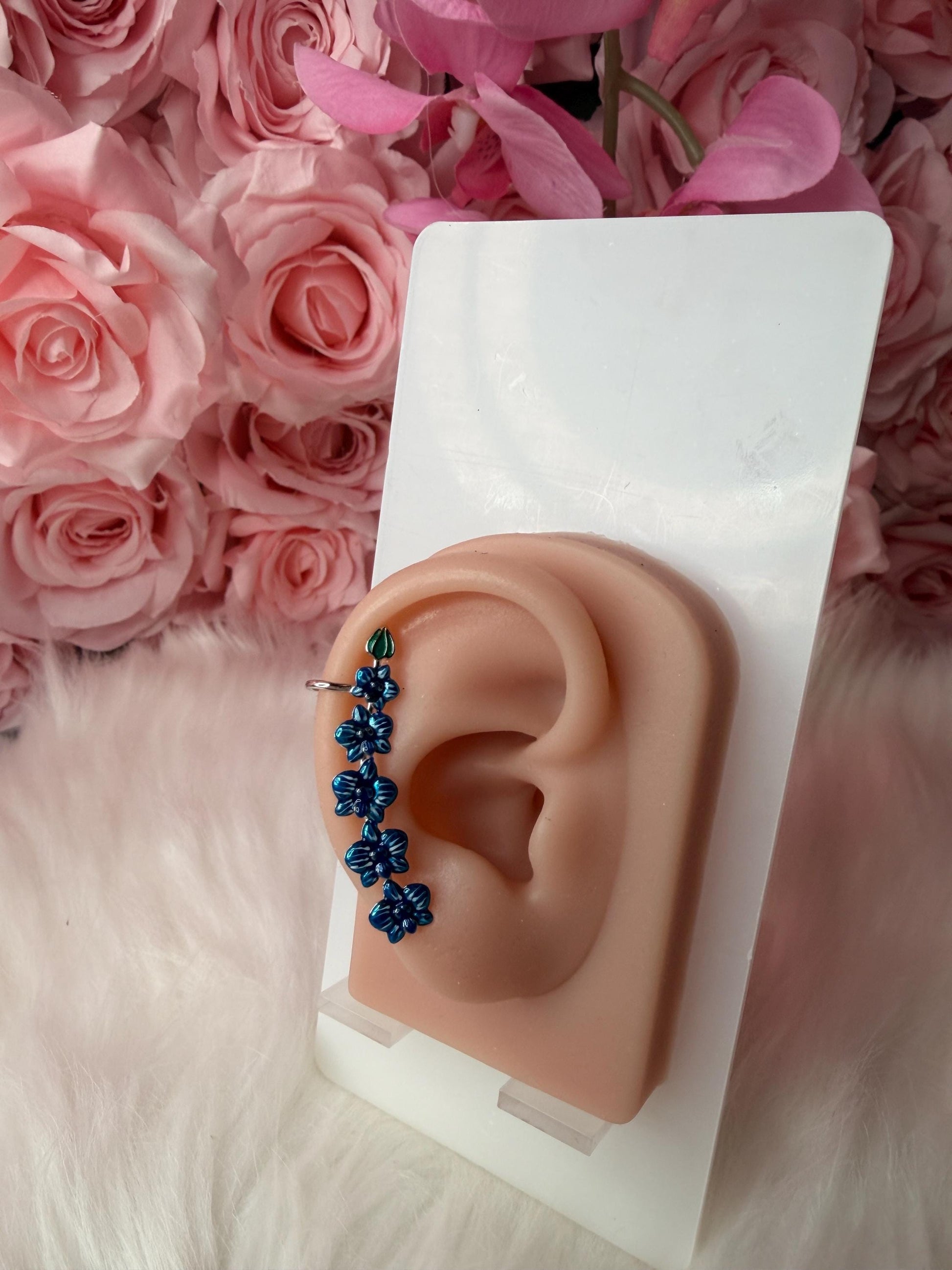 Blue Orchid Ear Cuff Stud: Phalaenopsis Flower Earring Climber- Orchid Fleur Collection