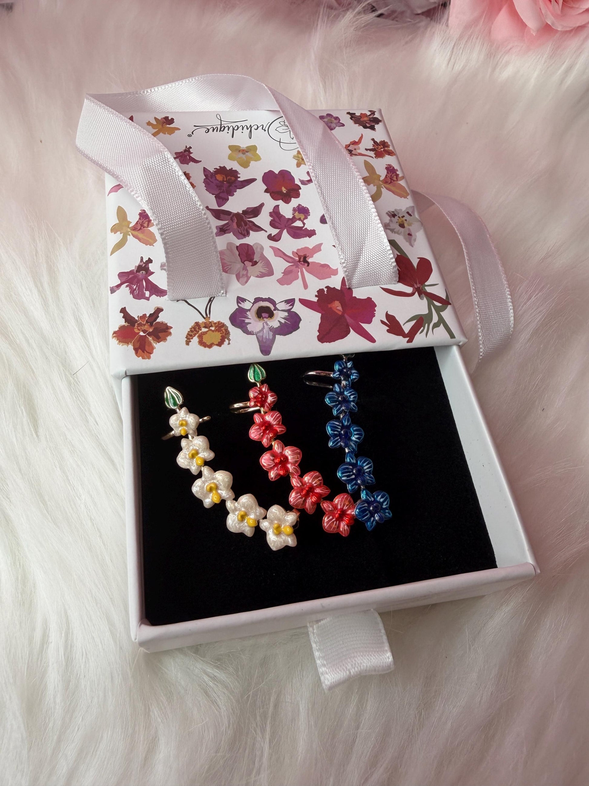 Red Orchid Ear Cuff Stud: Phalaenopsis Flower Earring Climber- Orchid Fleur Collection