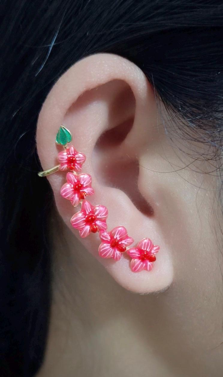 Red Orchid Ear Cuff Stud: Phalaenopsis Flower Earring Climber- Orchid Fleur Collection