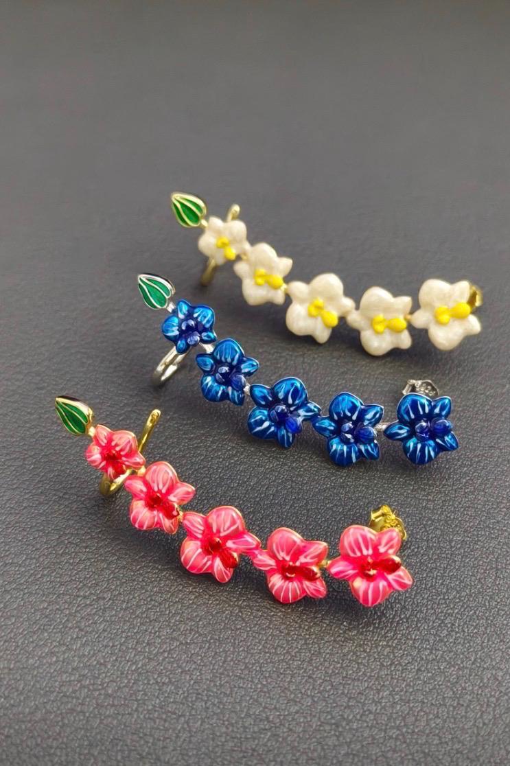 Red Orchid Ear Cuff Stud: Phalaenopsis Flower Earring Climber- Orchid Fleur Collection