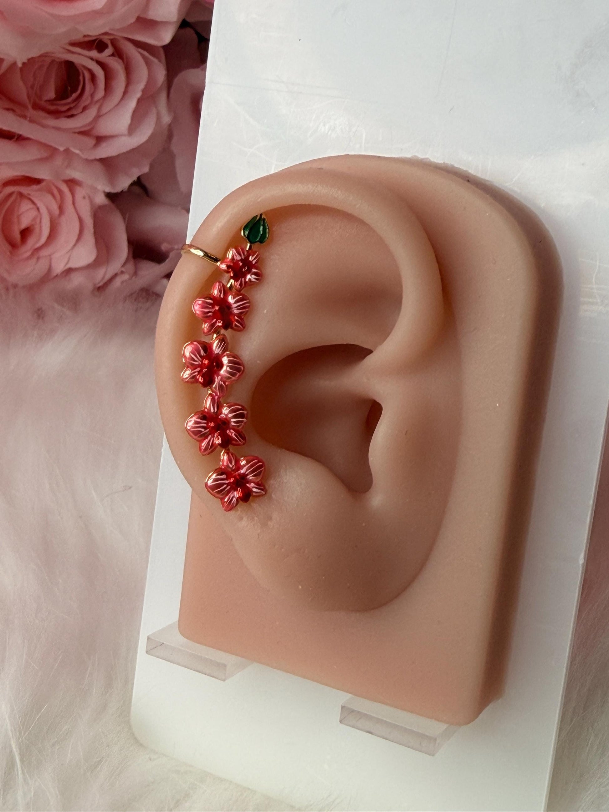 Red Orchid Ear Cuff Stud: Phalaenopsis Flower Earring Climber- Orchid Fleur Collection