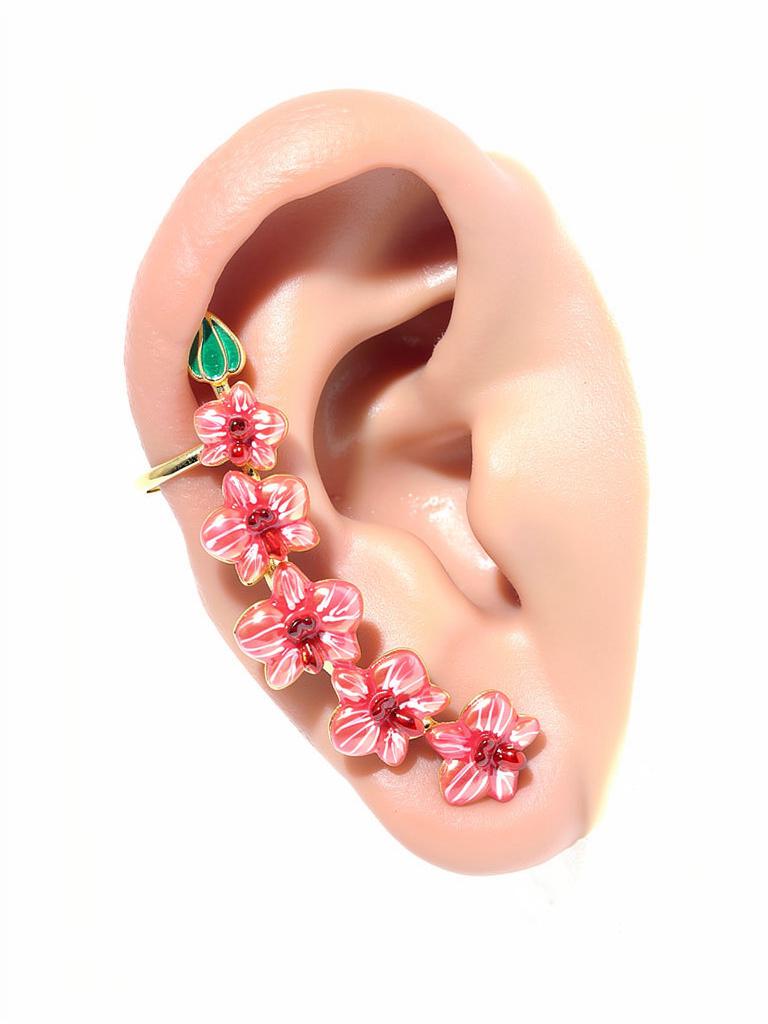 Red Orchid Ear Cuff Stud: Phalaenopsis Flower Earring Climber- Orchid Fleur Collection