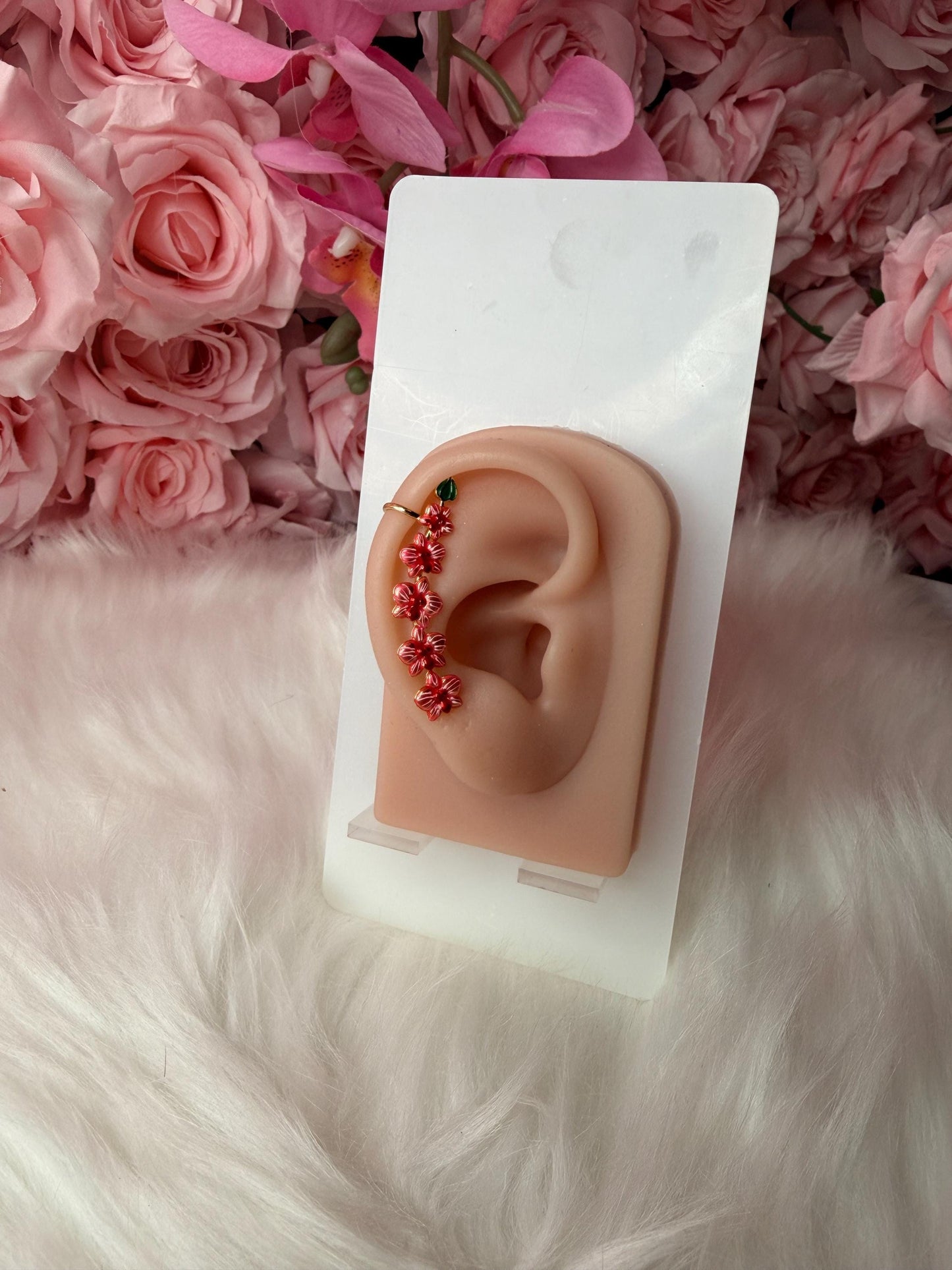 Red Orchid Ear Cuff Stud: Phalaenopsis Flower Earring Climber- Orchid Fleur Collection