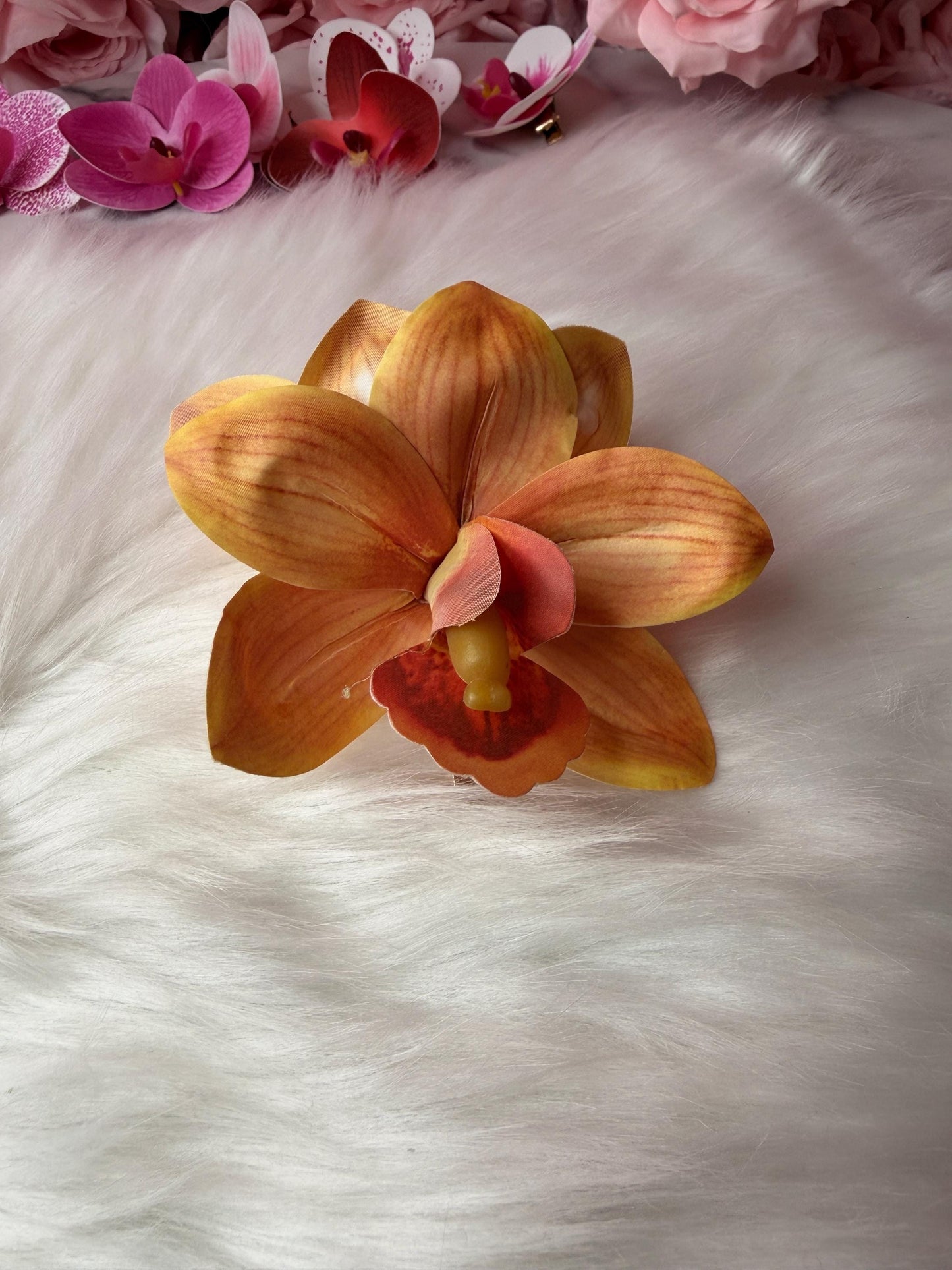 Orange Orchid Hair Clip • Realistic Tropical Flower • Handmade Hair Accessory • Cymbidium Orchid Flower