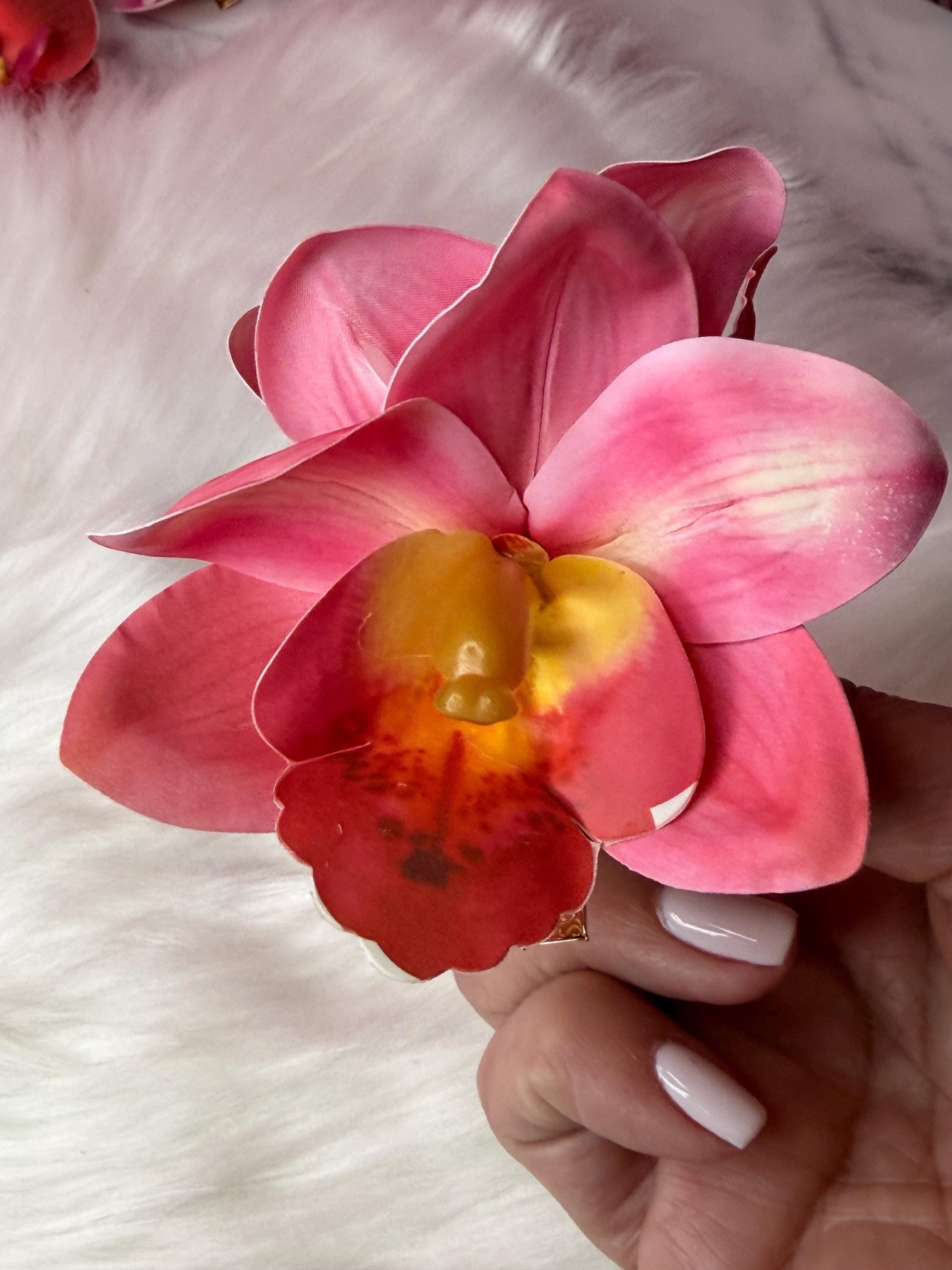 Cymbidium Orchid Flower Hair Clip • Handmade Orchid Hair Clip • Hair Flowers • Hawaiian Double Fushcia Pink Orchid Flower Barrette