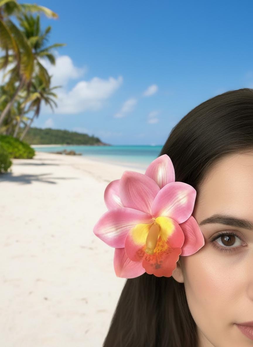 Cymbidium Orchid Flower Hair Clip • Handmade Orchid Hair Clip • Hair Flowers • Hawaiian Double Fushcia Pink Orchid Flower Barrette