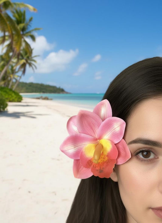 Cymbidium Orchid Flower Hair Clip • Handmade Orchid Hair Clip • Hair Flowers • Hawaiian Double Fushcia Pink Orchid Flower Barrette