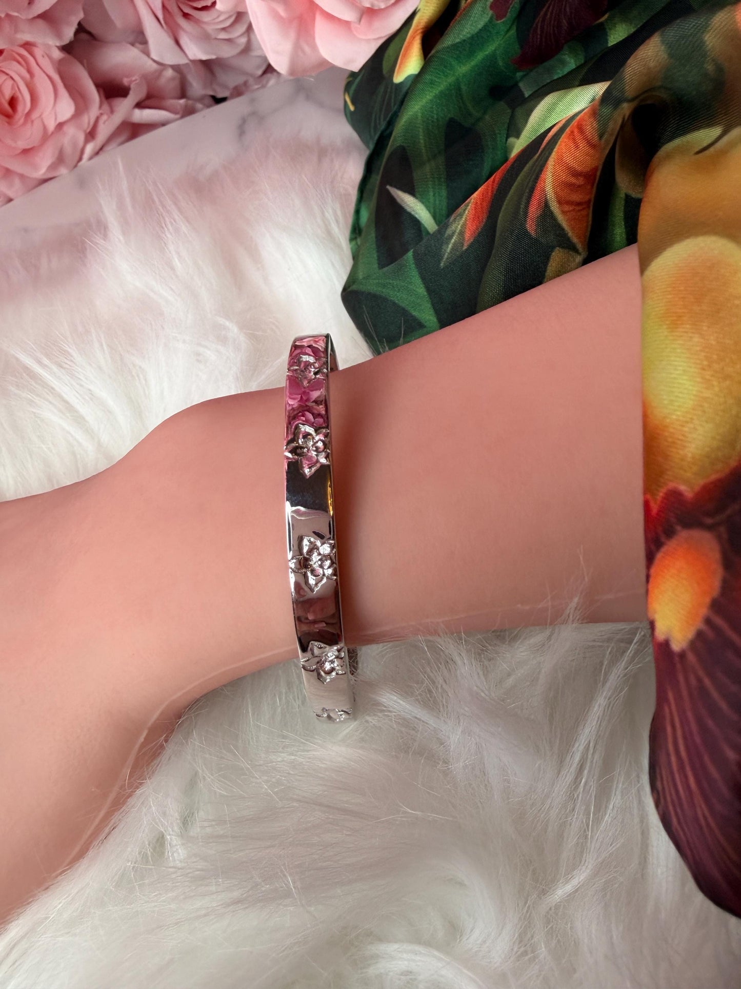 Synchrony Aloha: Cattleya Overlay Bangle | Rhodium Plated- Tarnish Free Bracelet