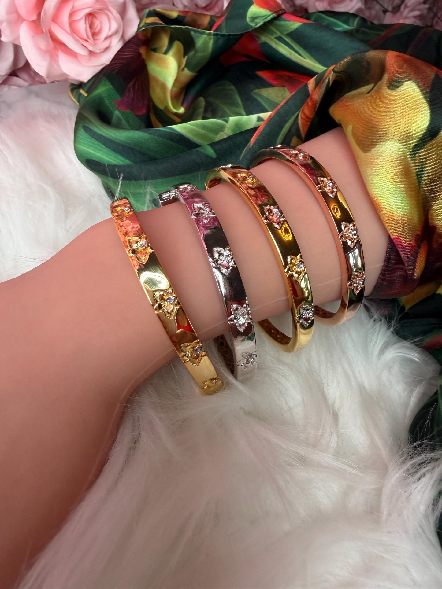 Synchrony Aloha: Cattleya Overlay Bangle | Rhodium Plated- Tarnish Free Bracelet