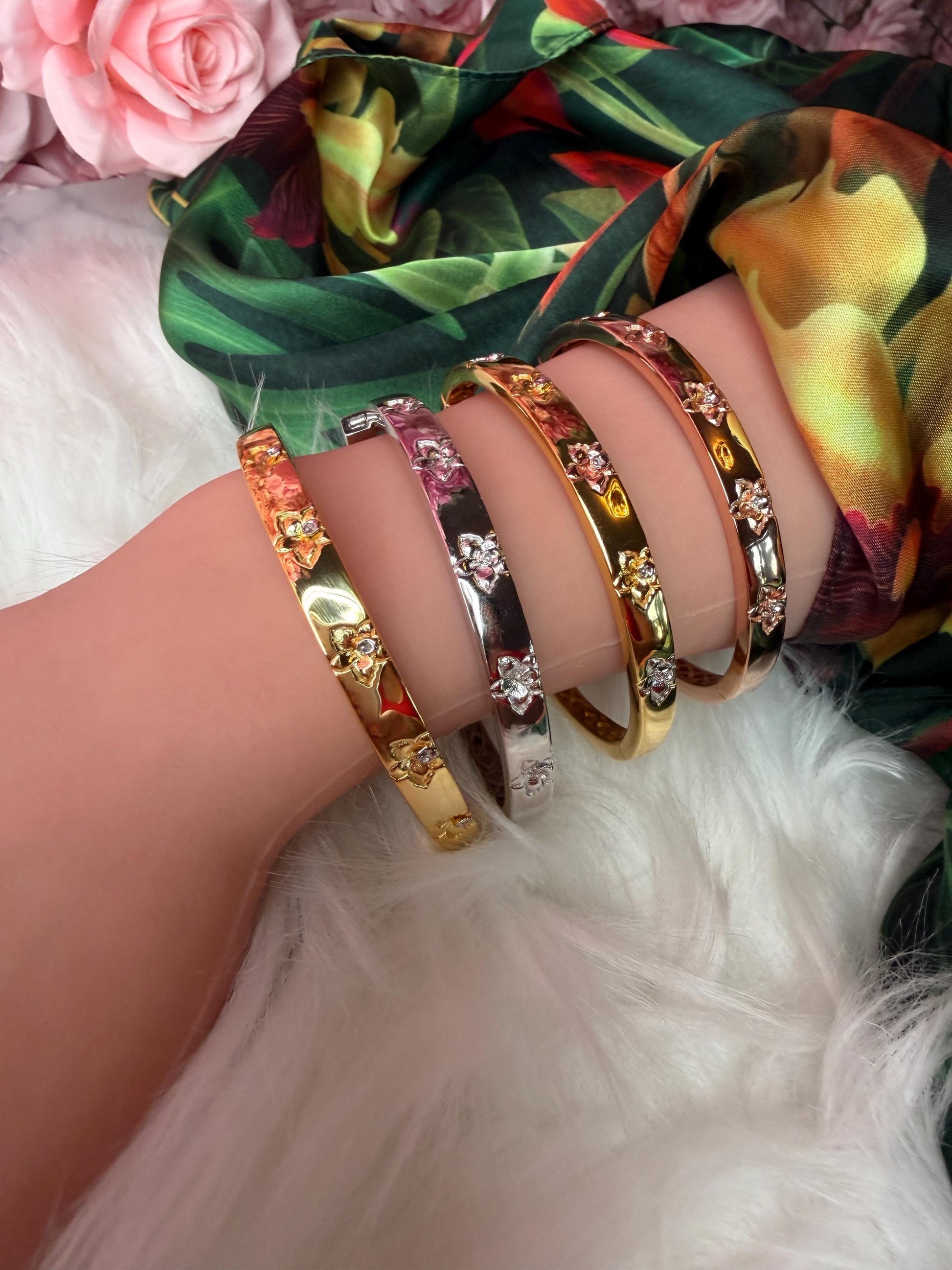 Synchrony Aloha: Cattleya Overlay Bangle | Gold Plated- Tarnish Free Bracelet