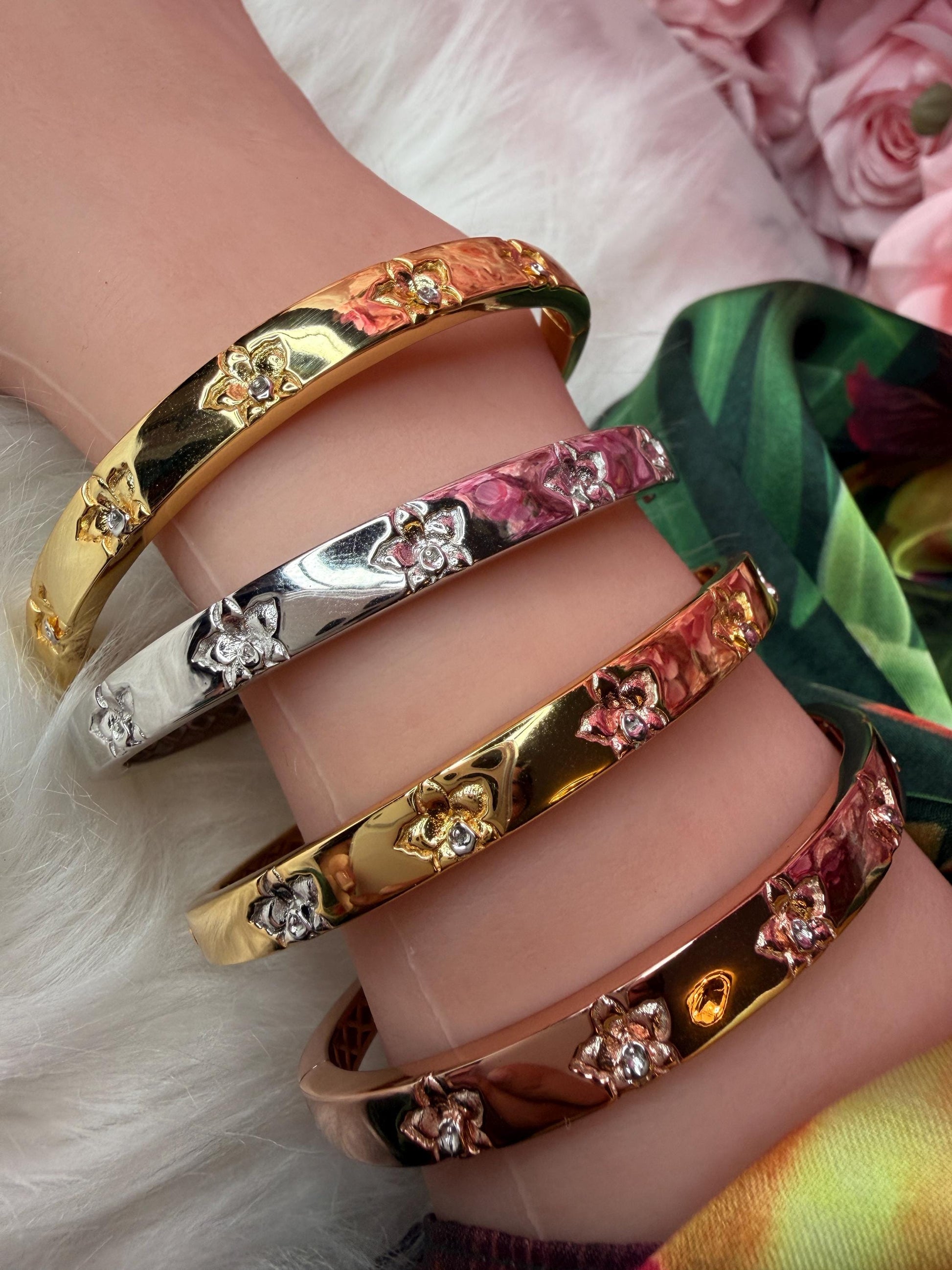 Synchrony Aloha: Cattleya Overlay Bangle | Rose Gold Plated- Tarnish Free Bracelet