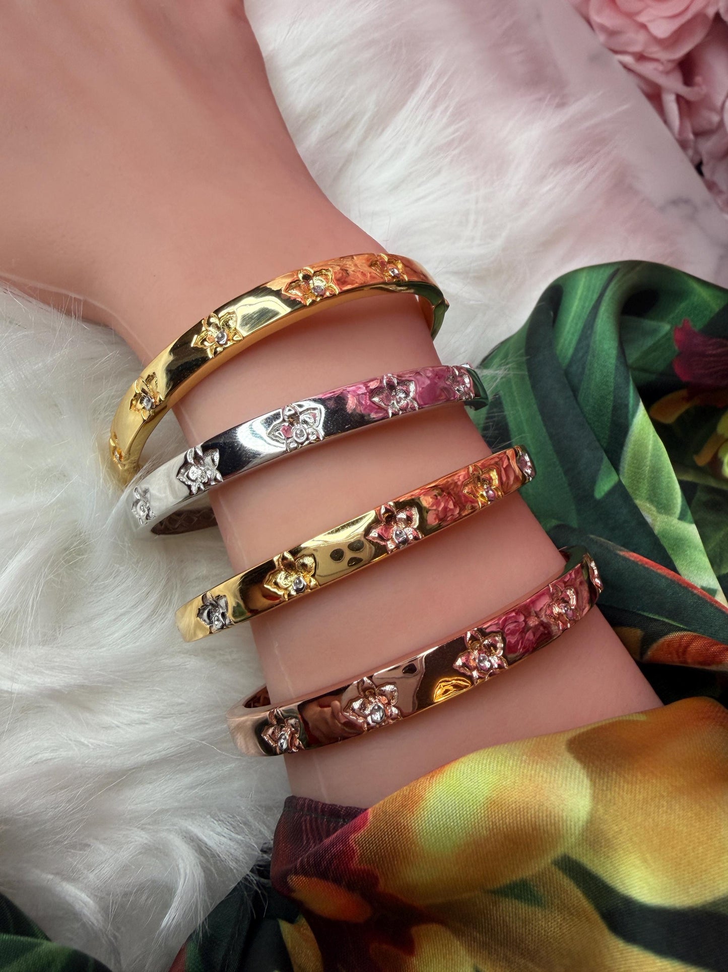 Synchrony Aloha: Cattleya Tri-Color Overlay Bangle | Gold Plated- Tarnish Free Bracelet