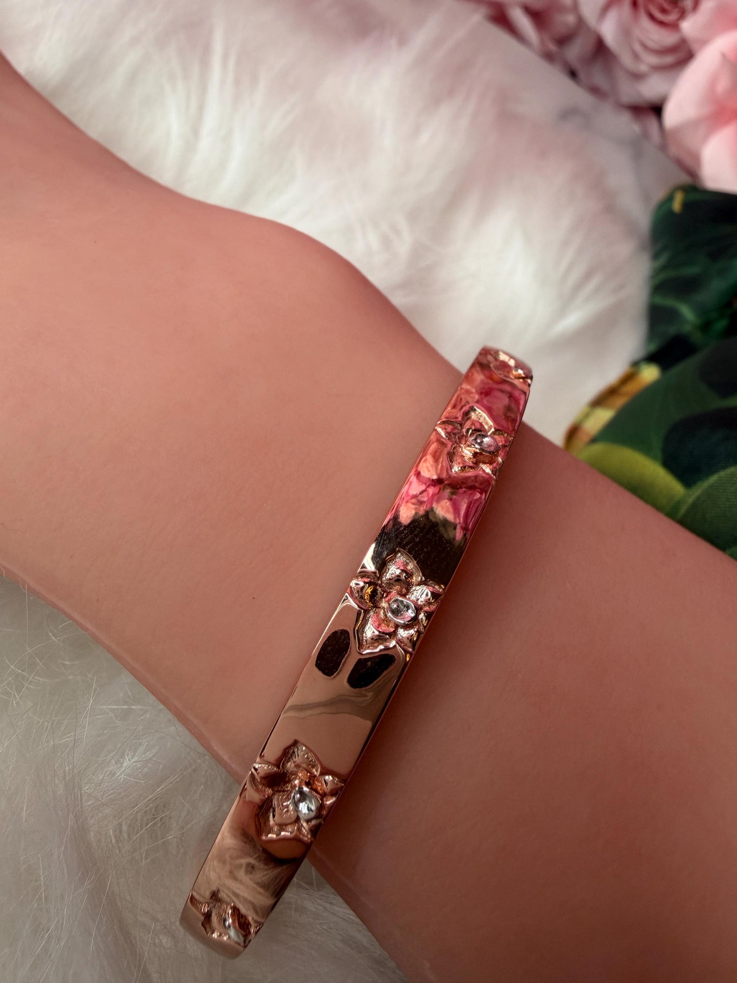 Synchrony Aloha: Cattleya Overlay Bangle | Rose Gold Plated- Tarnish Free Bracelet