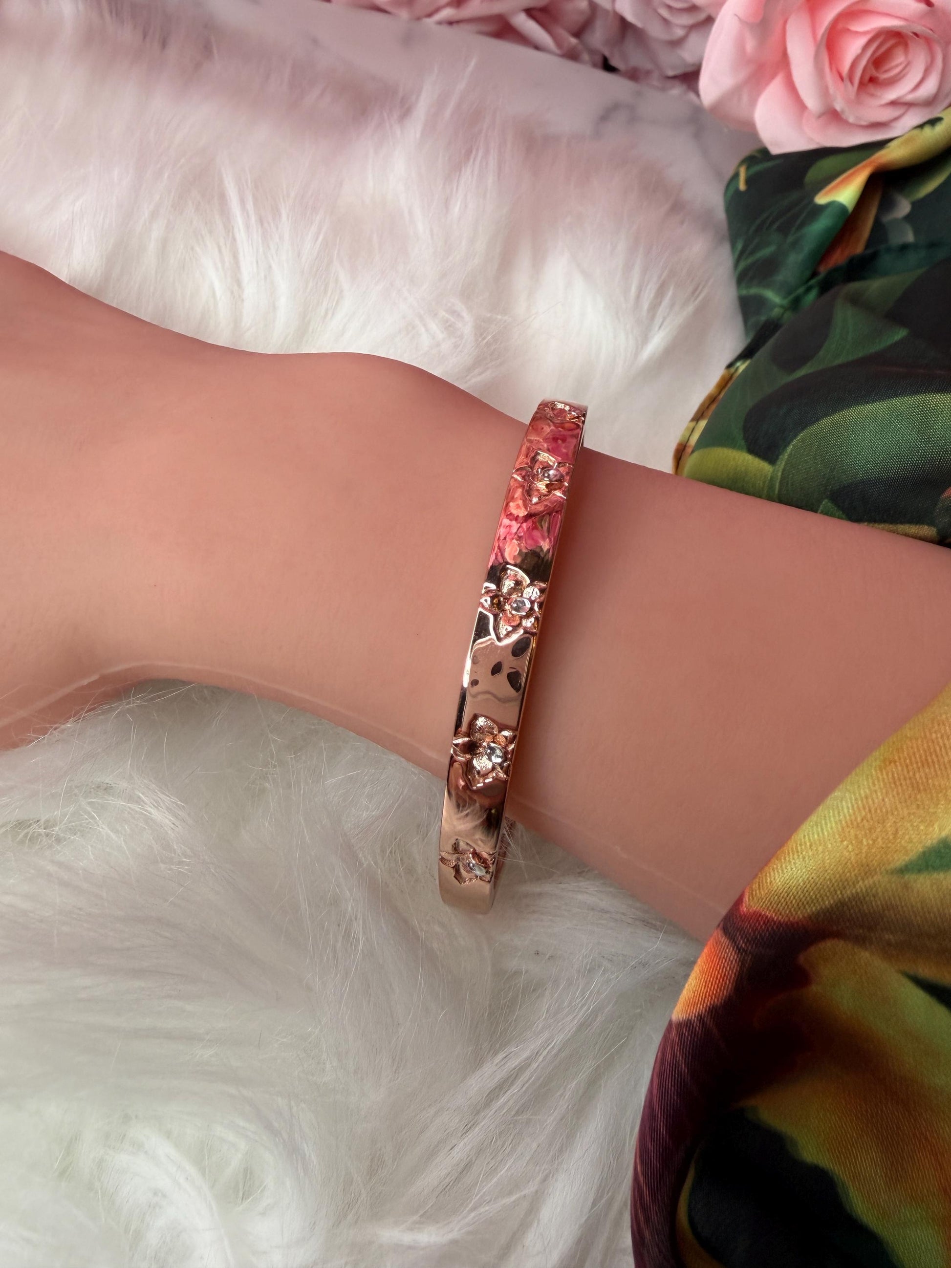 Synchrony Aloha: Cattleya Overlay Bangle | Rose Gold Plated- Tarnish Free Bracelet