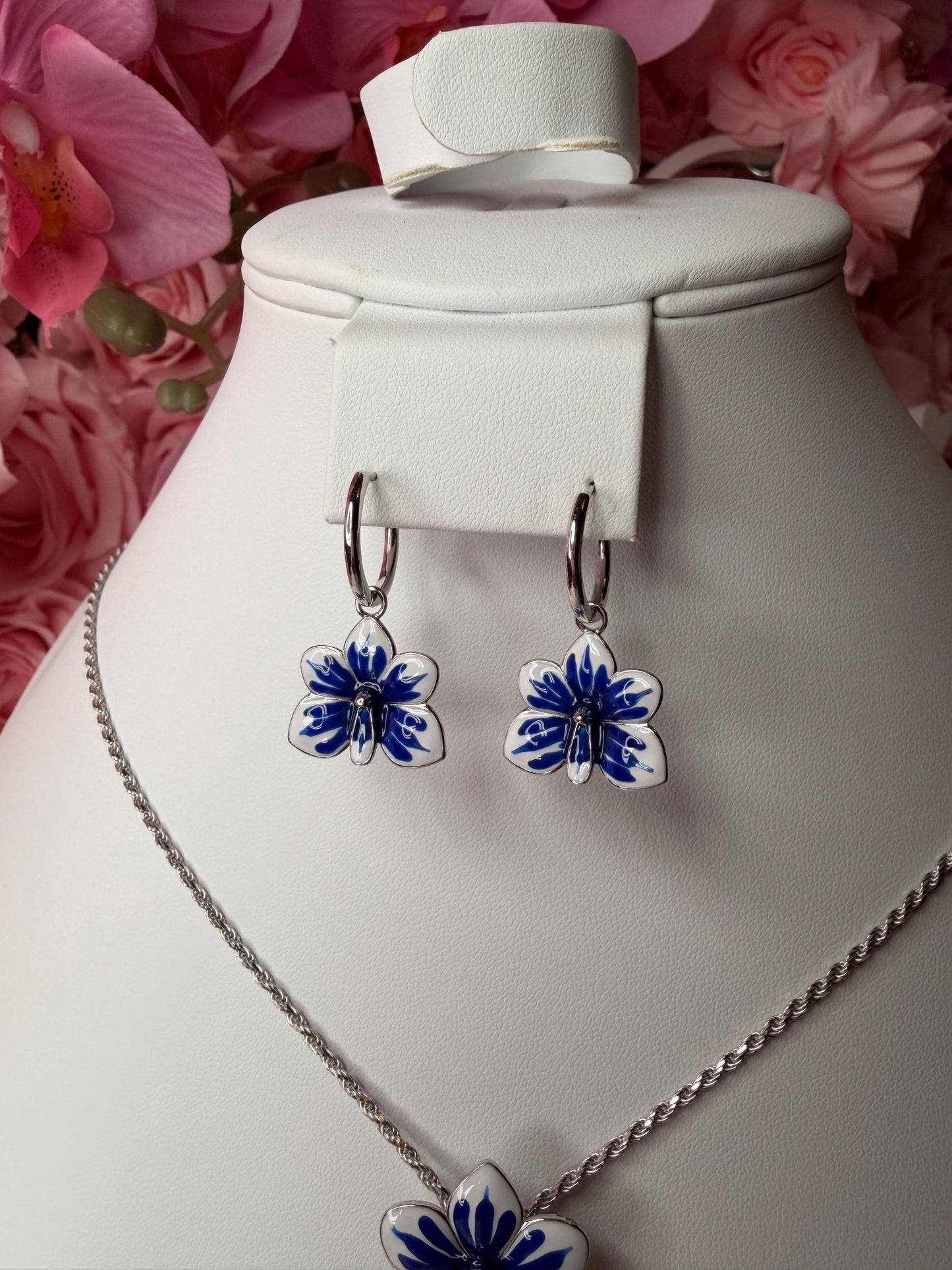 Ascocenda Orchid Blue & White Splash Collection • Statement Lariat or Hoop Earrings • S925 Silver