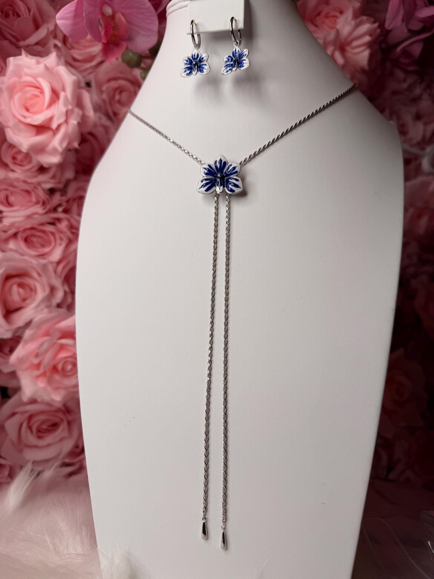 Ascocenda Orchid Blue & White Splash Collection • Statement Lariat or Hoop Earrings • S925 Silver