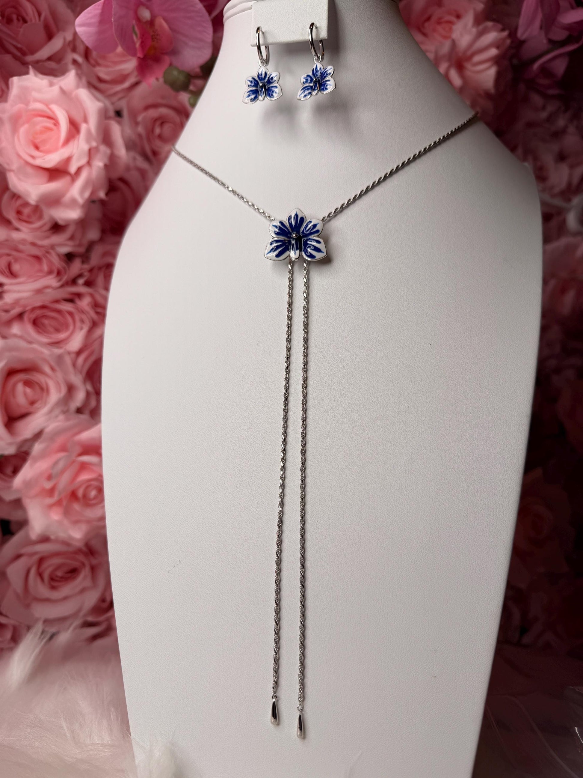 Ascocenda Orchid Blue & White Splash Collection • Statement Lariat or Hoop Earrings • S925 Silver
